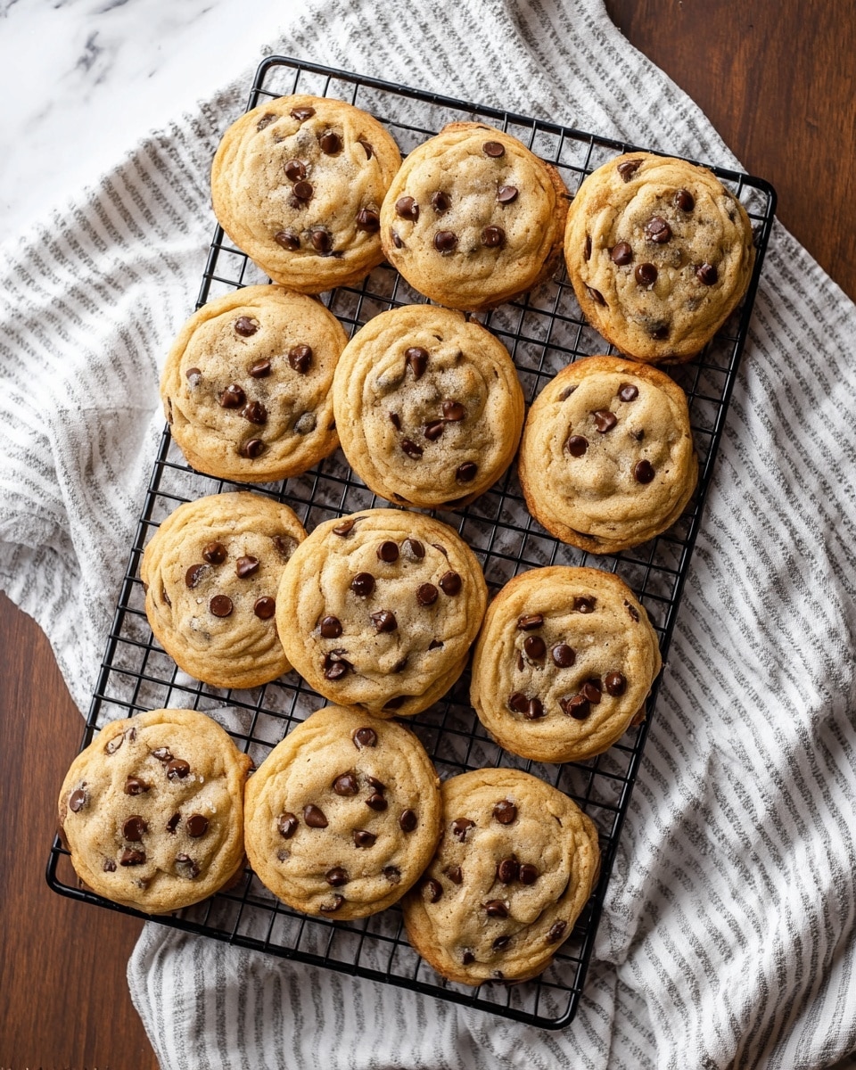 Eight freshly baked chocolate chip cookies rest on a black cooling rack placed on a white marbled surface. Each cookie is golden brown with a soft texture, and generously dotted with rich, melted chocolate chips scattered across their slightly cracked tops. The cookies show a slight rise around the edges, giving them a round, slightly puffy shape. A white and grey striped cloth is casually draped to the right side of the rack, adding a cozy, homey feel to the scene. photo taken with an iphone --ar 4:5 --v 7