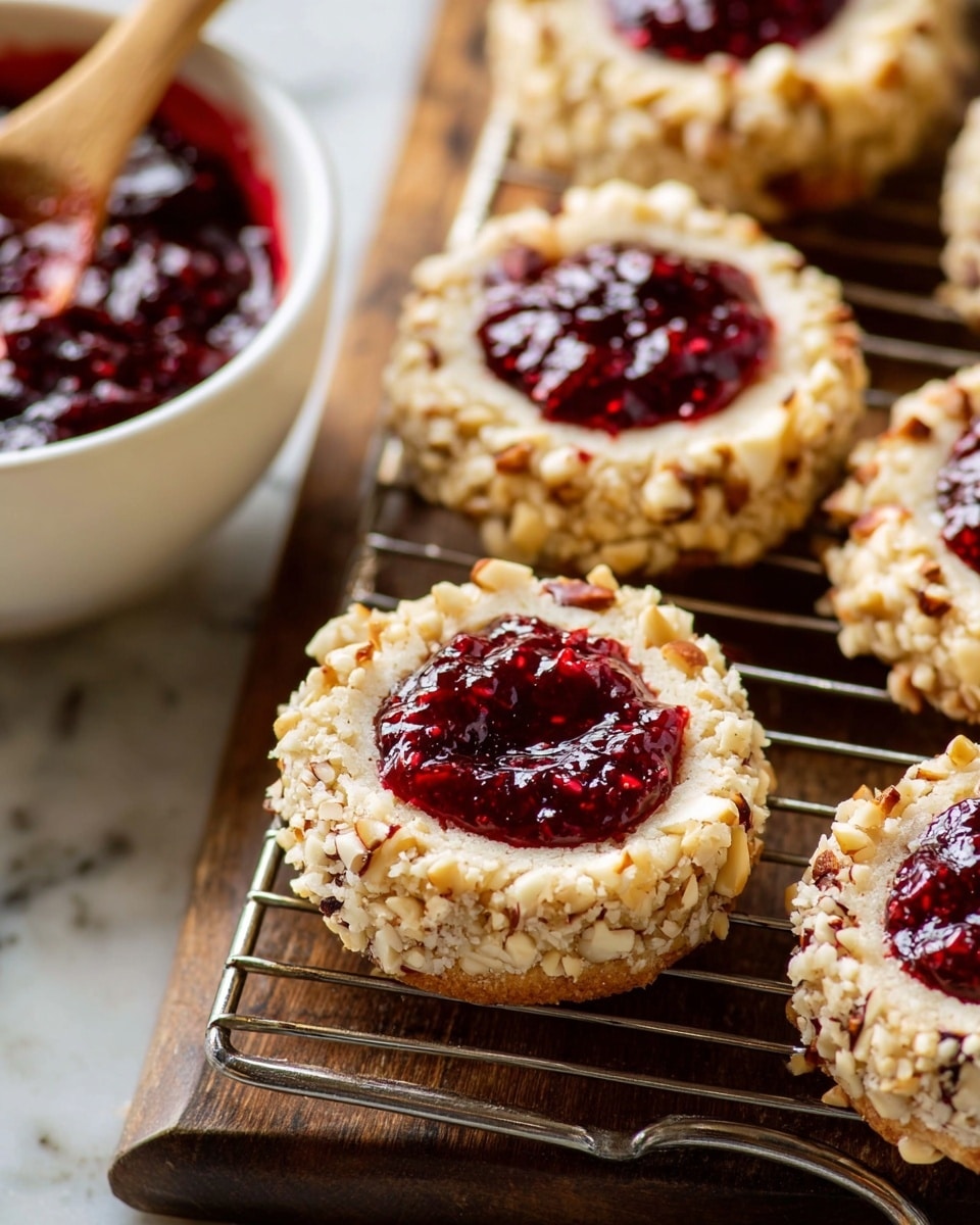 The image shows several round cookies placed on a metal cooling rack with a wooden surface underneath. Each cookie has three visible layers: the base layer is a soft, pale beige dough, the middle layer is coated with rough, light brown chopped nuts that cover the sides, and the top layer is filled with a glossy, deep red jam that appears thick and slightly chunky. In the background, there is a white bowl with some red jam and a wooden spoon inside, resting on a white marbled texture. photo taken with an iphone --ar 4:5 --v 7