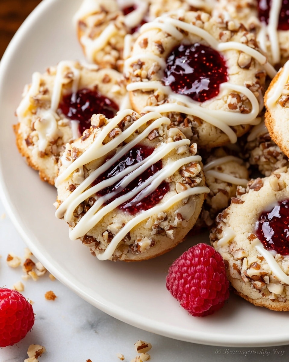 A close-up view of round thumbprint cookies arranged on a white plate. Each cookie has three main layers: a soft, pale yellow dough forming the base, rolled around the edges in chopped brown nuts with a rough texture, a deep red jam filling in the center that looks shiny and sticky, and thin, white icing drizzled in zigzags over the top, crossing the jam. Around the plate, there are a few fresh red raspberries adding a pop of color. The plate is set on a white marbled surface with some cookie crumbs scattered nearby. Photo taken with an iphone --ar 4:5 --v 7