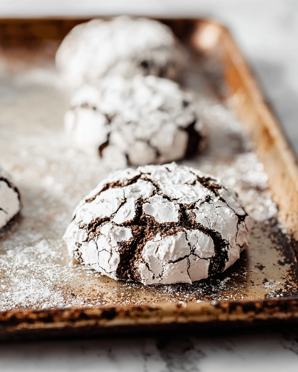 The image shows three round chocolate crinkle cookies on an old, stained baking tray. Each cookie has a cracked, dark brown base layer covered with a thick, uneven layer of white powdered sugar that has cracked apart, revealing the chocolate beneath. The cookies are arranged in a line, with the closest one in clear focus and the others fading softly in the background. The baking tray rests on a white marbled surface. photo taken with an iphone --ar 4:5 --v 7