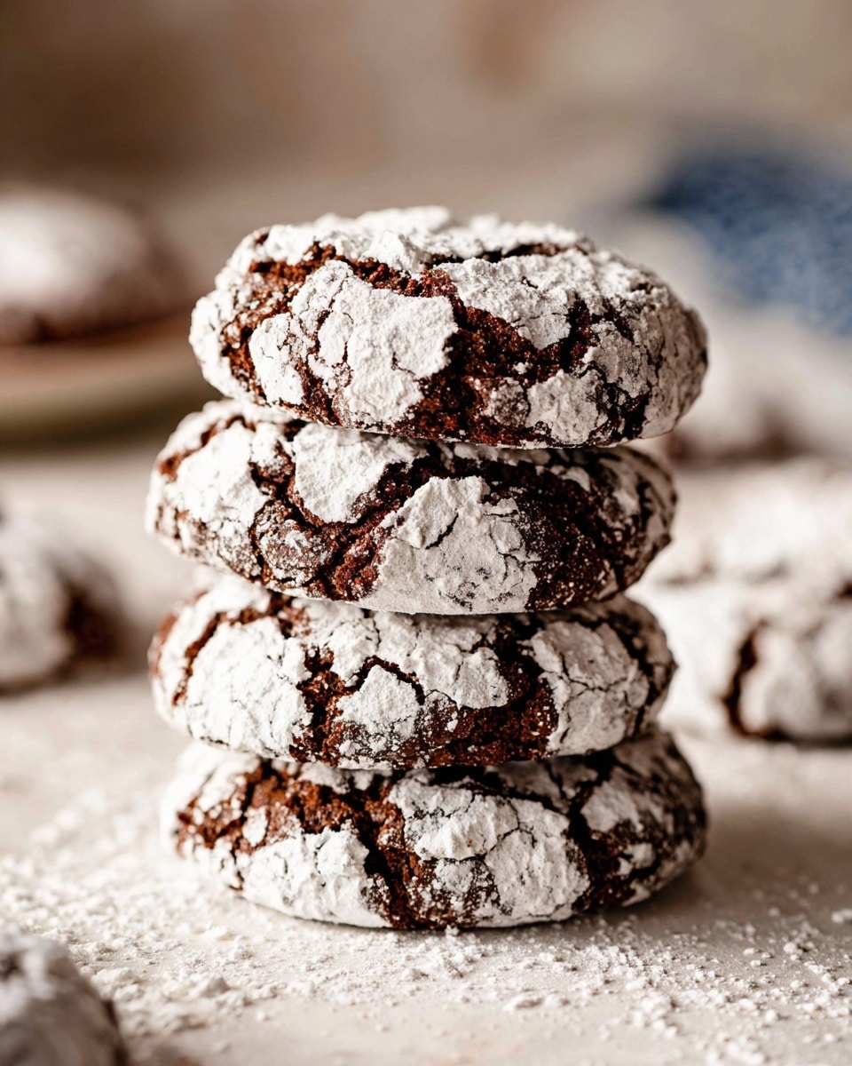 A close-up of a stack of four round chocolate crinkle cookies, each cookie showing a cracked dark brown surface with a thick, uneven layer of white powdered sugar covering the top, creating a rough texture. The cookies are slightly thick and soft-looking, stacked directly on a white marbled textured surface. The background is softly blurred with hints of more cookies in the distance. Photo taken with an iphone --ar 4:5 --v 7