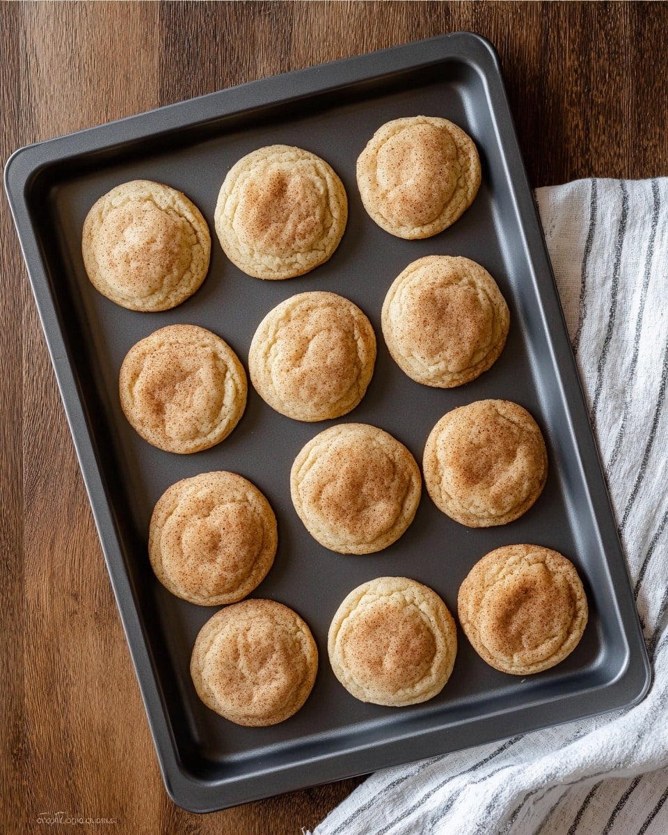 A dark gray baking tray holds twelve soft, round cookies arranged in three rows of four. Each cookie has a light golden brown color with a slightly cracked surface and a dusting of cinnamon sugar that gives a speckled, textured look. The tray sits on a wooden surface, and a white cloth with thin gray stripes is draped on the right side. The overall scene is warm and inviting with the cookies looking freshly baked and soft. Photo taken with an iphone --ar 4:5 --v 7