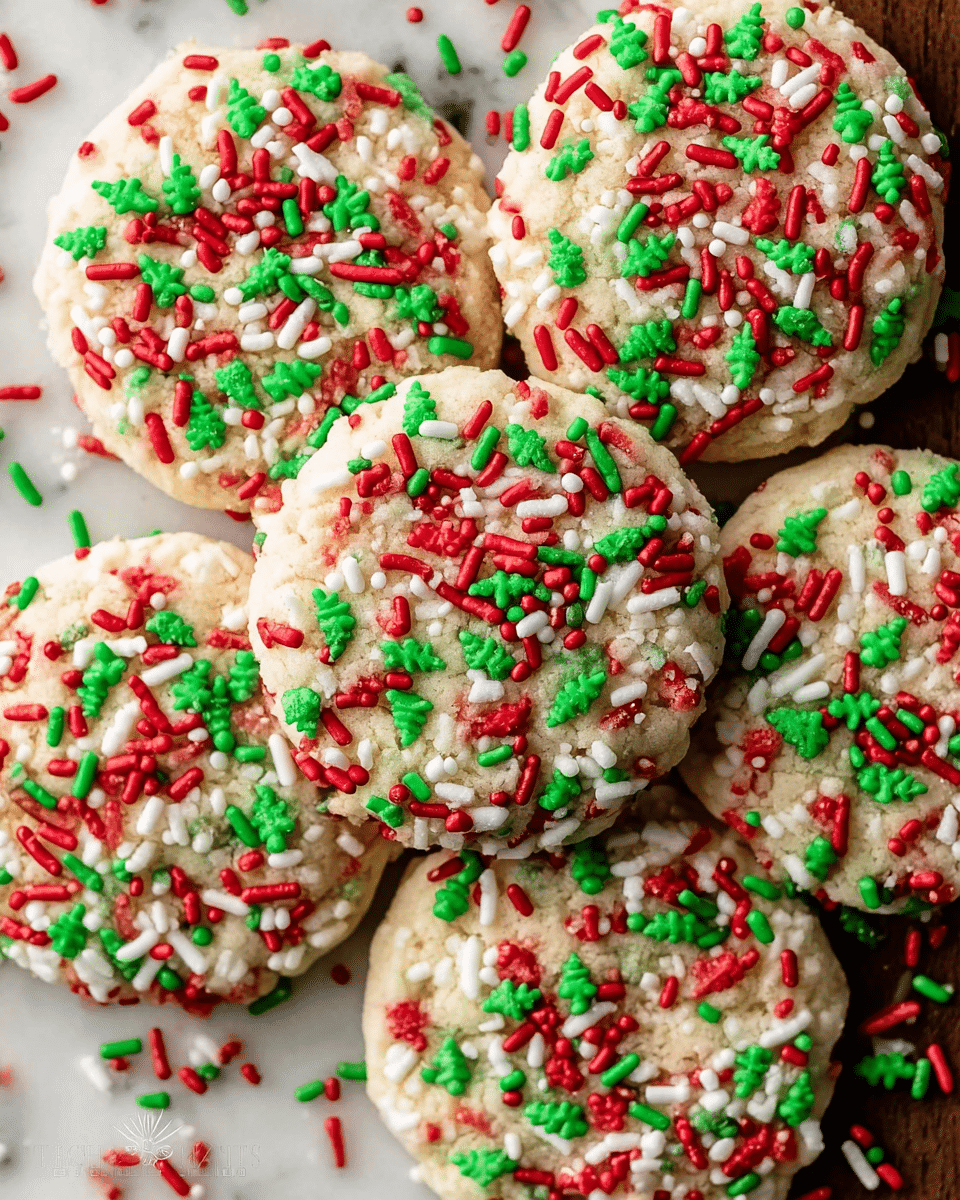 A close-up view of seven round sugar cookies arranged closely on a white marbled surface. Each cookie has a soft, slightly cracked light beige base with a thick layer of red, green, and white sprinkles scattered densely on top. The sprinkles include small red and green Christmas tree shapes, white round dots, and elongated red, green, and white sticks, giving each cookie a festive look. The cookies overlap slightly, with a few sprinkles scattered around them on the surface. photo taken with an iphone --ar 4:5 --v 7