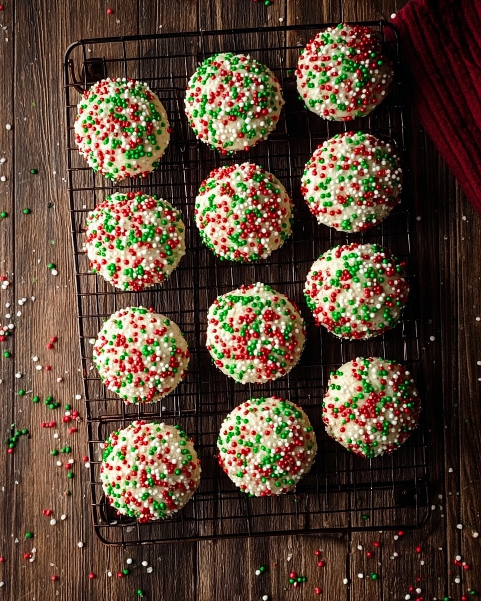 A group of twelve round cookies rests on a black wire cooling rack placed on a dark wooden surface. Each cookie has one layer of light-colored dough covered completely with small red, green, and white sprinkles in irregular shapes, giving a festive look. The sprinkles are evenly spread, some slightly spilling onto the wooden surface below. The overall scene has a warm, cozy feeling with the contrast between the bright cookie tops and the dark wood. photo taken with an iphone --ar 4:5 --v 7