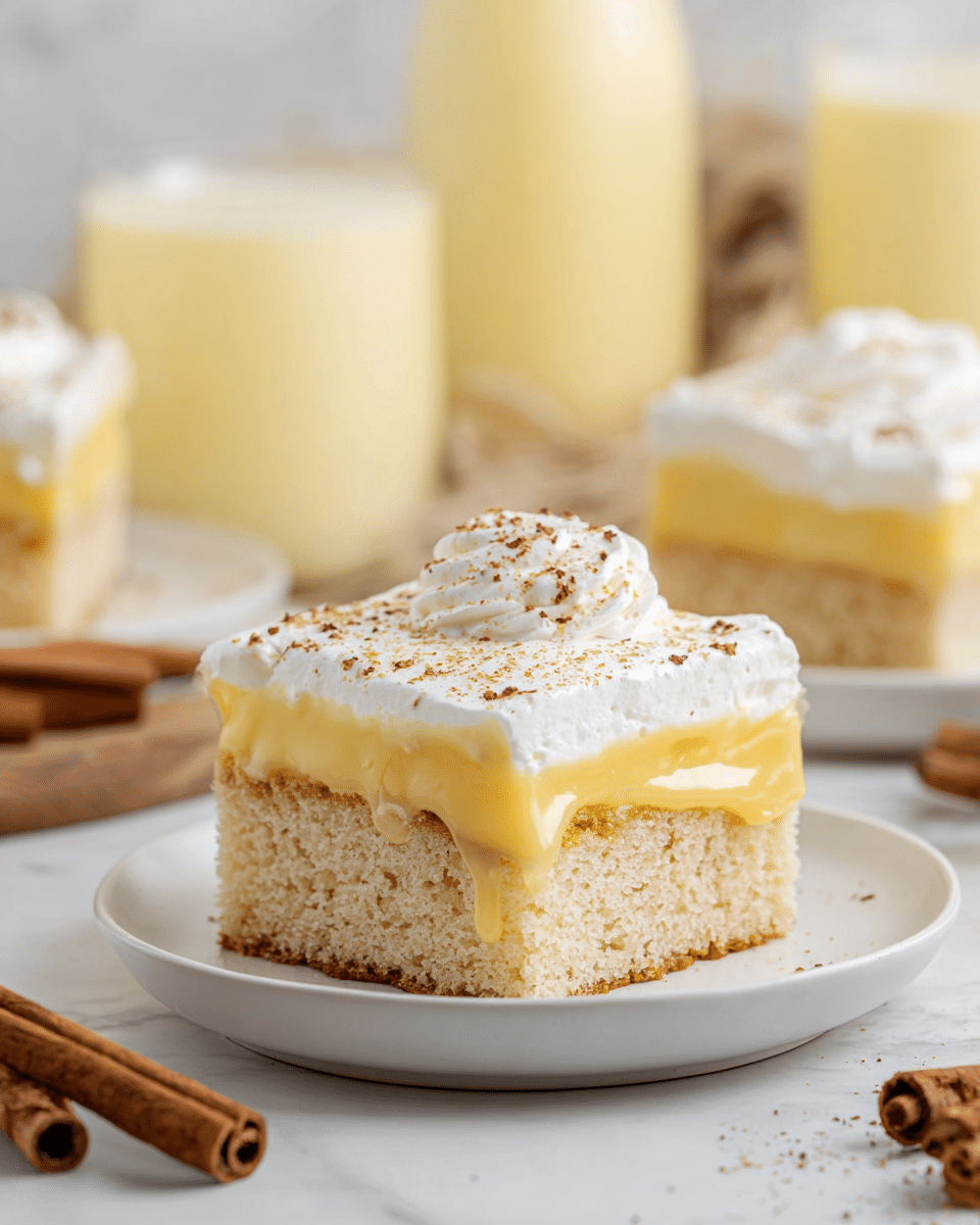 A square piece of light beige sponge cake with a soft, slightly porous texture sits on a white plate. This cake has two visible thick layers on top: first, a glossy pale yellow custard layer that slightly drips over the sides, followed by a thick, smooth white whipped topping sprinkled with small brown spice flakes, likely cinnamon or nutmeg. The plate is placed on a white marbled surface, with cinnamon sticks and nutmeg in the blurred background, along with two more similar cake pieces and glasses filled with a pale yellow creamy drink. Photo taken with an iphone --ar 4:5 --v 7