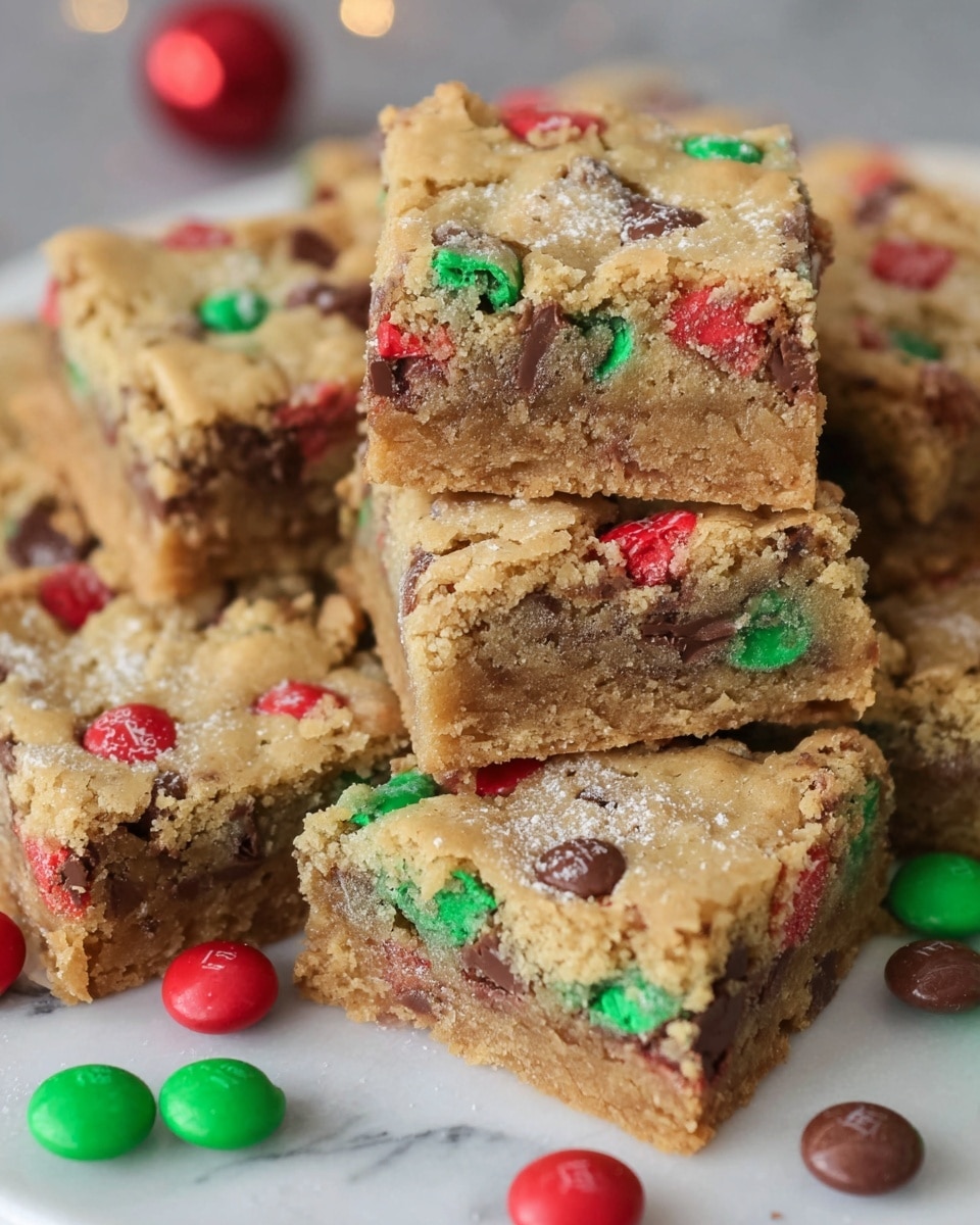 The image shows several thick, square cookie bars stacked on a white plate with a white marbled texture beneath it. Each bar has a crumbly, light brown top layer with embedded colorful candy pieces in red and green. Inside, there is a dense, soft middle layer filled with visible semi-sweet chocolate chips and red and green candy. The bars have a slightly rough texture on top with a dense, chewy look inside. Around the plate, red and green candies and chocolate chips are scattered. photo taken with an iphone --ar 4:5 --v 7