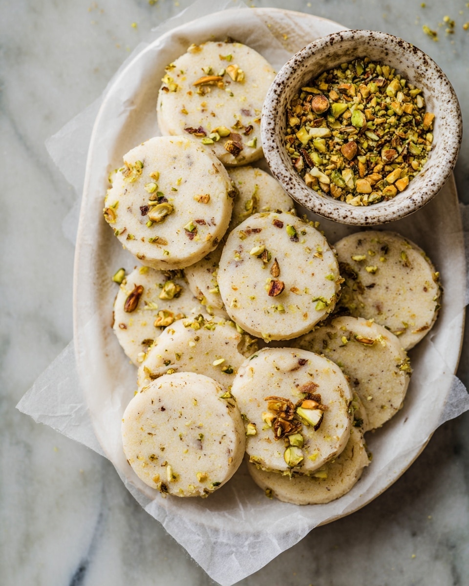 A white plate lined with crinkled parchment paper holds multiple round, pale beige cookies that have small green, brown, and golden nut pieces sprinkled evenly throughout. The cookies are arranged in a loose pile, with some overlapping each other. In the top part of the plate sits a small, rustic white bowl filled with crushed nuts mostly golden and green in color. The edges of the bowl show a bit of texture and uneven coloring. The whole setup is on a white marbled surface, highlighting the warm, natural tones of the cookies and nuts. photo taken with an iphone --ar 4:5 --v 7