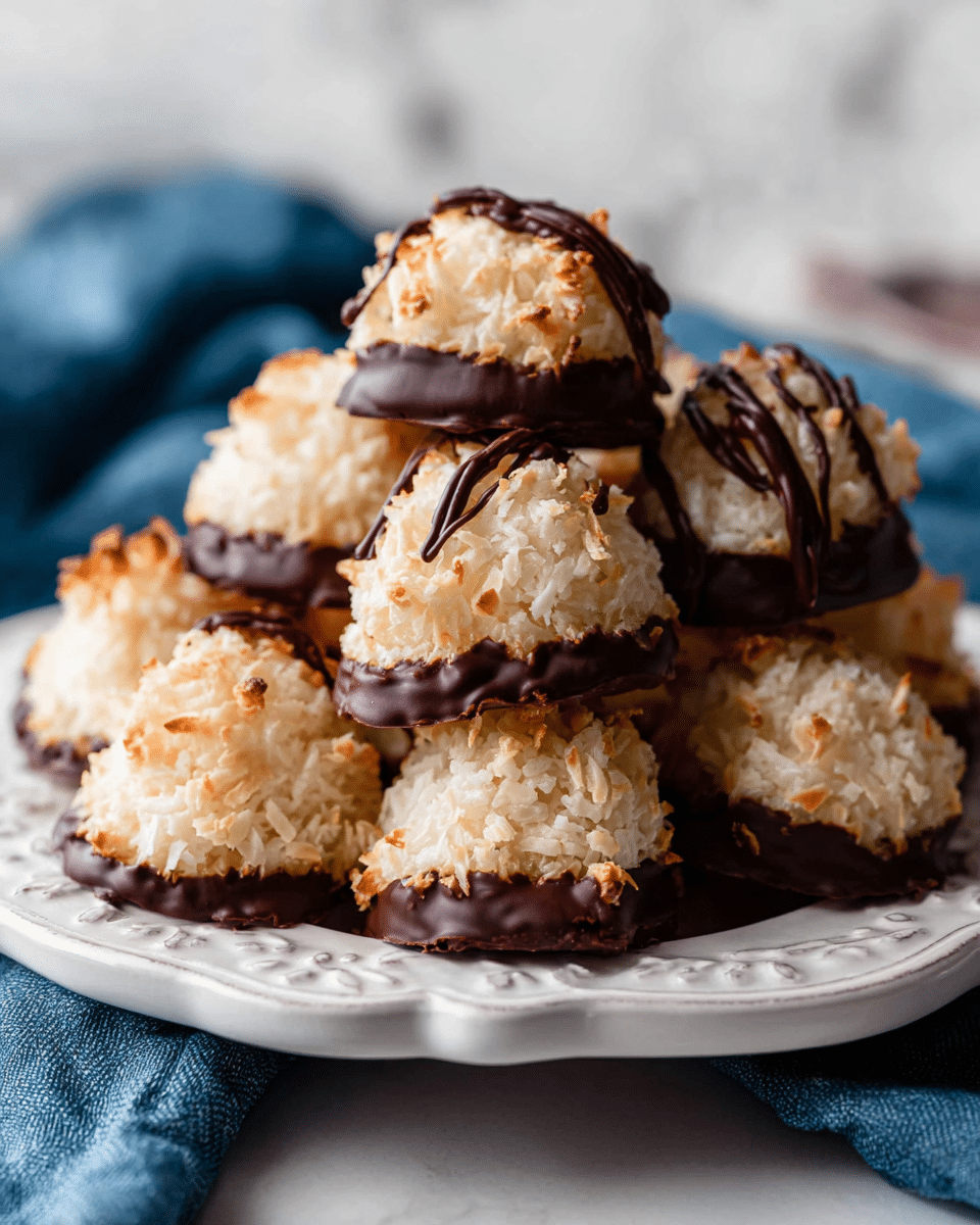 A stack of about ten round coconut macaroons sits on a white plate with decorative edges, each macaroon with a rough, textured pale cream top made from shredded coconut. The bottom of each macaroon is dipped in dark chocolate, creating a shiny dark brown base, with some macaroons also drizzled with thin lines of chocolate on their tops. The macaroons are piled close together against a softly blurred background with a white marbled texture and a blurred blue cloth. photo taken with an iphone --ar 4:5 --v 7