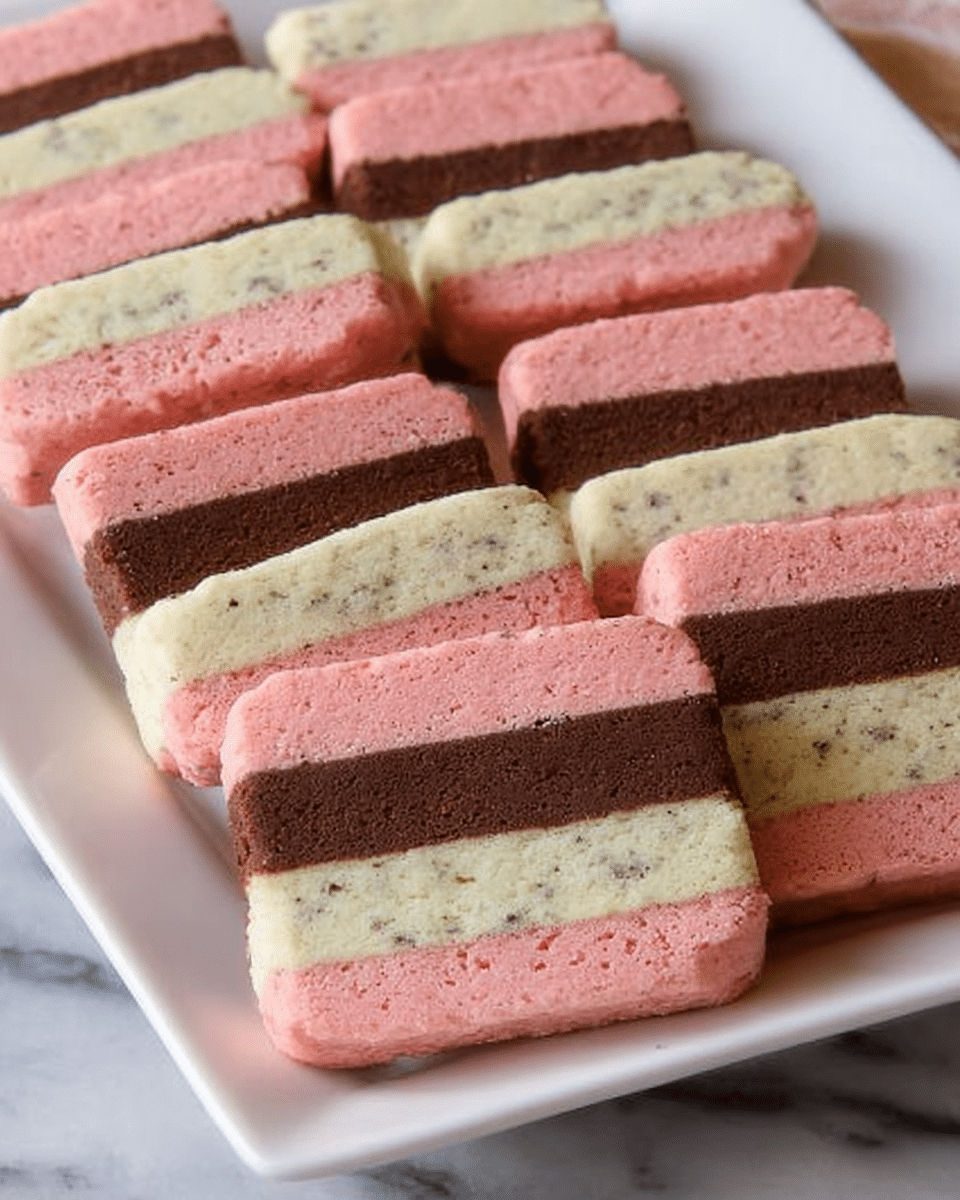 A white plate with a detailed edge holds several rectangular cookies arranged in neat layers. Each cookie has three horizontal colored layers: the top and bottom layers are light pink and smooth, the middle layer is light beige with small darker specks, and next to it is a darker brown, rich and slightly textured. The cookies are stacked neatly in rows with some overlapping, all laid on a wooden surface. photo taken with an iphone --ar 4:5 --v 7