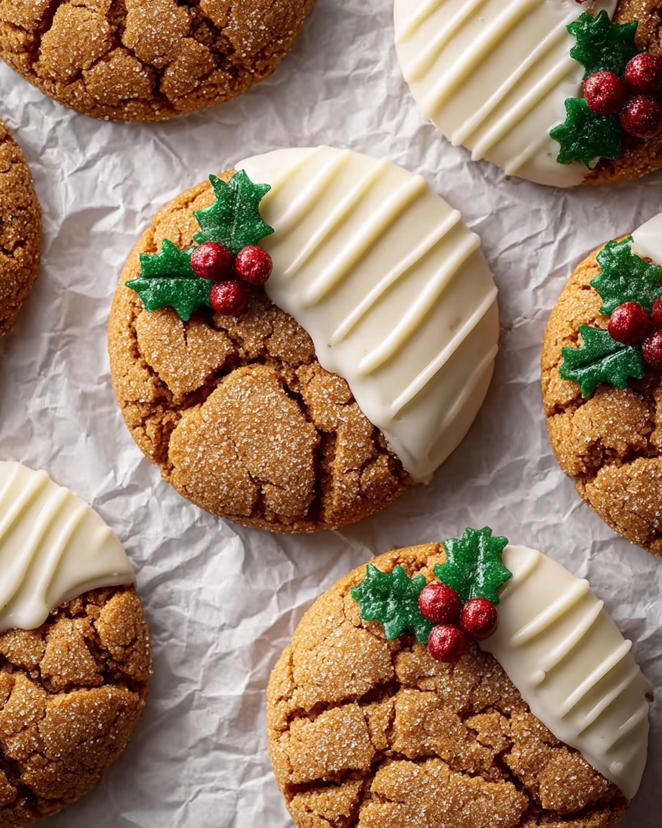 A group of round cookies arranged on crumpled parchment paper over a white marbled texture, each cookie showing two main parts: one half is a cracked, golden-brown sugary cookie with a rough texture, and the other half is smooth white icing with a few thick white icing lines drizzled on top. On each iced half, near the edge, there is a small decoration made of thick green holly leaves and three shiny red berry shapes, adding a festive touch. The overall scene looks warm and inviting, emphasizing the contrast between the crunchy cookie and smooth icing. Photo taken with an iphone --ar 4:5 --v 7