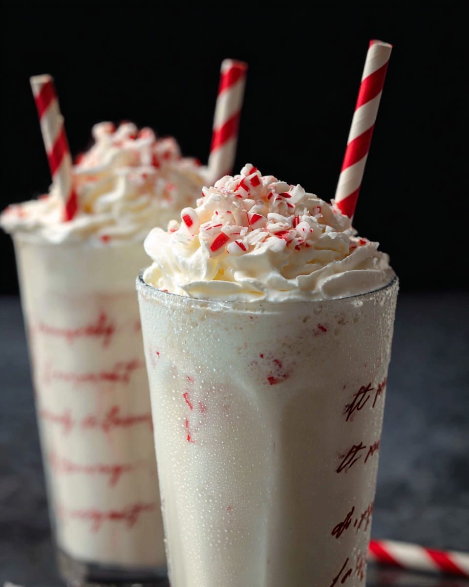 A close-up of two tall, clear glasses filled with a creamy white drink, topped with a thick layer of whipped cream mixed with small red and white crushed peppermint pieces. Each glass has a red and white striped paper straw placed in the middle, standing upright. The glasses have condensation on the outside, giving a cold look. The background is black, creating a strong contrast with the white drink and creamy topping. The glasses have script text printed in black and red. photo taken with an iphone --ar 4:5 --v 7