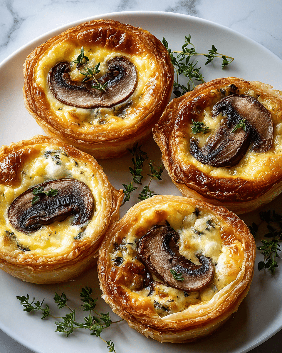 The image shows four round mushroom tarts arranged closely on a white plate, each tart having three to four layers. The base layer is a golden-brown, flaky pastry crust, thick and crispy, forming a raised edge around the tart. Inside, there is a creamy pale yellow egg and cheese filling with slight bubbling and browning on top. On the surface of each tart, there are several dark brown sautéed mushroom slices scattered, adding texture. Small green sprigs of fresh herbs, likely thyme, lie on the top and also around the tarts on the plate, contrasting with the warm colors of the tart. The plate is placed on a white marbled surface. Photo taken with an iphone --ar 4:5 --v 7