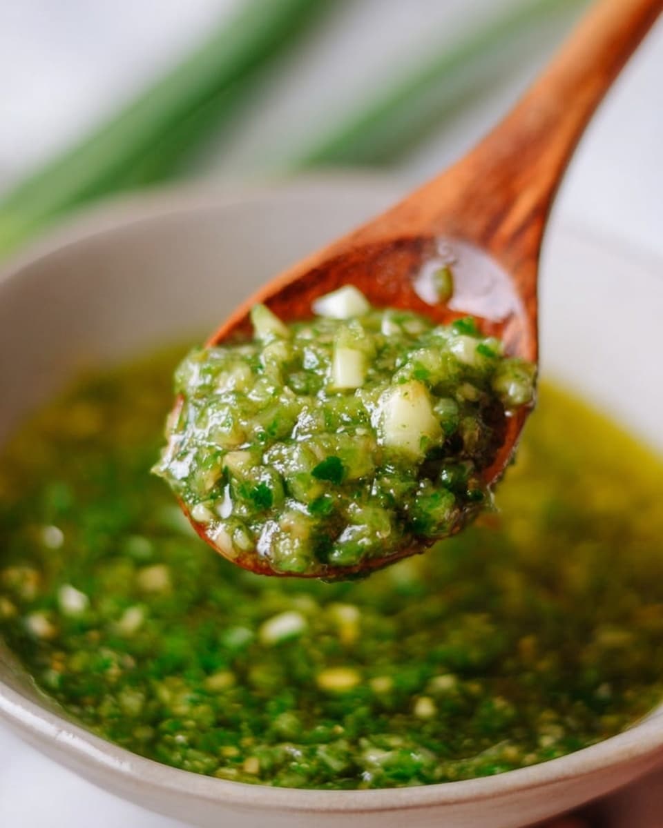 A close-up of a wooden spoon holding a chunky green sauce with small pieces of white and light green bits visible, the sauce looks oily and fresh, sitting above a white bowl filled with the same vibrant green sauce that has a slightly glossy texture, in the blurred background there are light brown and green shapes. The scene is set on a white marbled texture. photo taken with an iphone --ar 4:5 --v 7