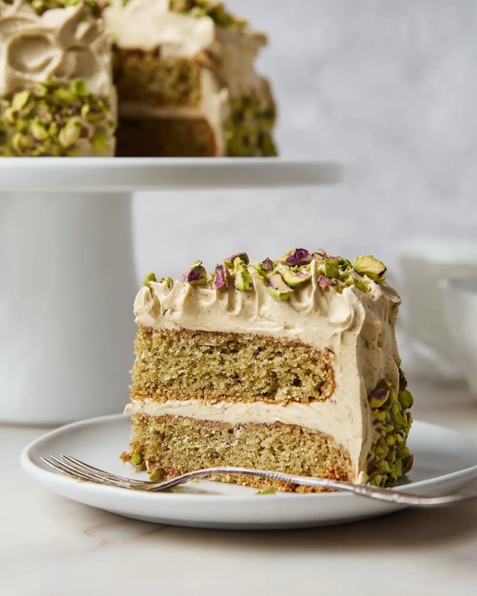 A slice of cake with two thick greenish-brown nutty layers, each separated by a creamy light tan frosting layer with a slightly whipped texture. The top layer of frosting has soft peaks and is decorated with small green and purple pieces of pistachio nuts. The cake slice is on a white plate with a silver fork placed next to it. In the background, the rest of the cake sits on a white cake stand, against a white marbled textured surface. Photo taken with an iphone --ar 4:5 --v 7