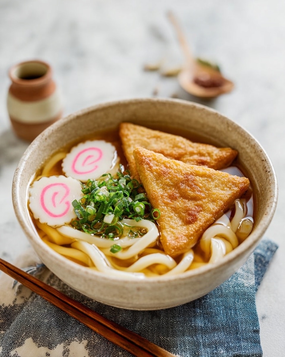 A bowl of udon noodle soup is shown with thick, smooth white noodles at the bottom. On top are two large, golden-brown fried tofu pieces, one triangular and one square, both with a slightly crispy texture. Two round slices of white fish cake with pink swirl patterns rest near the tofu. Fresh, bright green chopped scallions are sprinkled in the center for color contrast. The soup broth is light brown and clear, filling the bowl halfway. The bowl is a neutral brownish-beige ceramic with a subtle, rustic look, placed on a white marbled surface with a blue and white cloth partially visible under it. Wooden chopsticks and a small cup with a tiny wooden spoon are blurred in the background. photo taken with an iphone --ar 4:5 --v 7