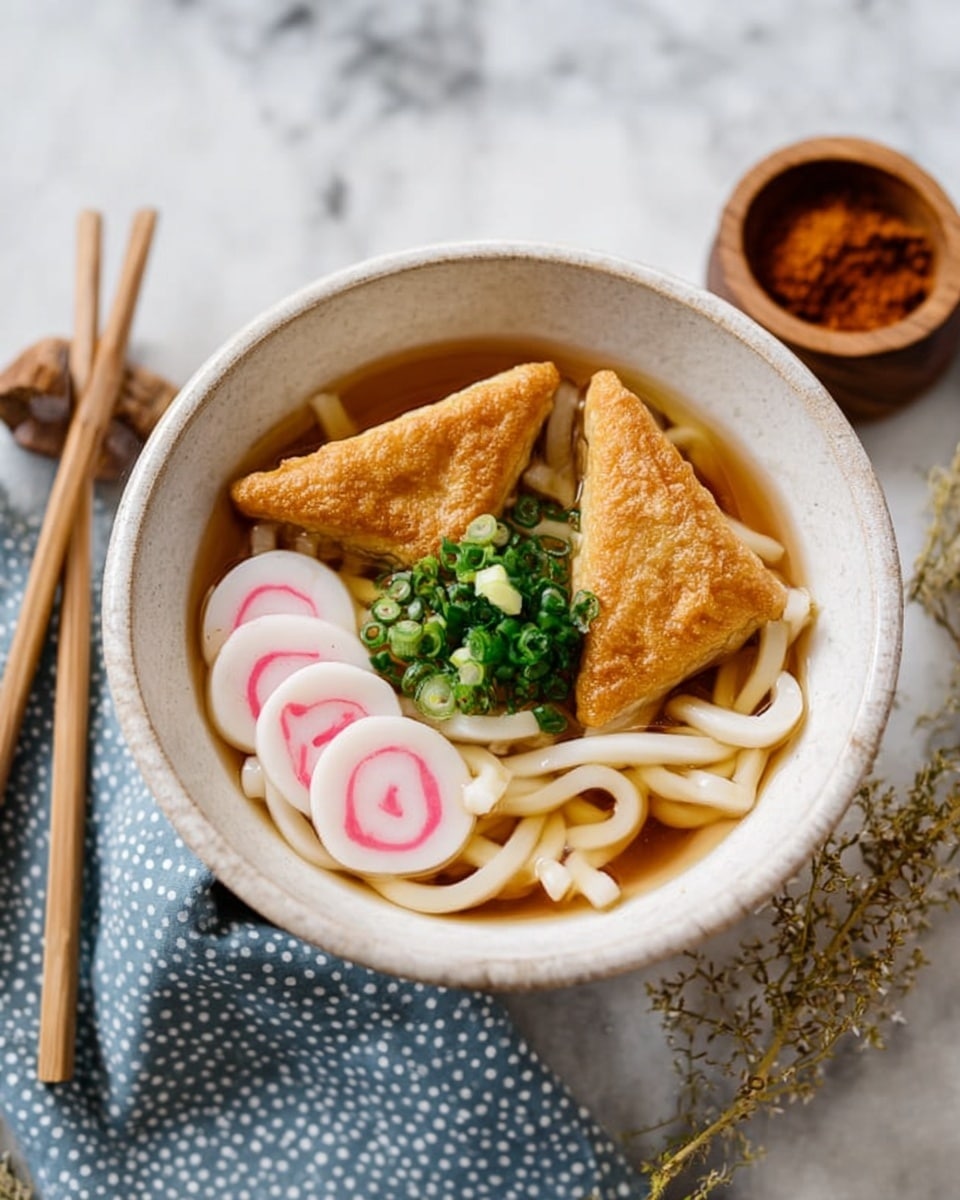 A white ceramic bowl holds a layered dish starting with thick white udon noodles at the base, topped with a clear light brown broth. On top of the noodles are two golden brown fried tofu pieces with a slightly crispy texture, placed in a triangular shape. Next to the tofu are two white fish cakes with pink swirls, cut into round slices. A small pile of finely chopped green onions is placed in the center, adding a fresh green color contrast. The bowl is placed on a white marbled surface, with light brown wooden chopsticks resting beside it and a small wooden container filled with a red spice in the background. A soft blue and white polka dot cloth is partially visible under the bowl. Photo taken with an iphone --ar 4:5 --v 7