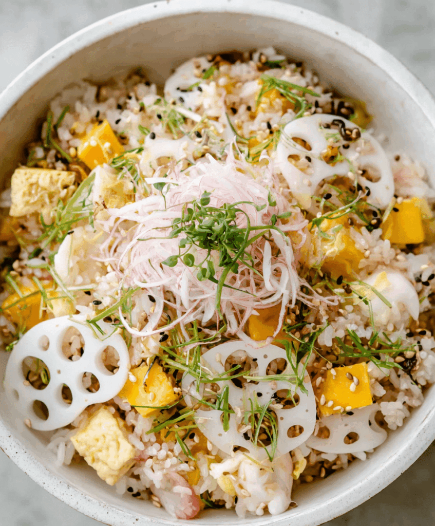 Chirashi Sushi with Tamagoyaki, Lotus Roots, Snow Peas, and Sakura Denbu Recipe