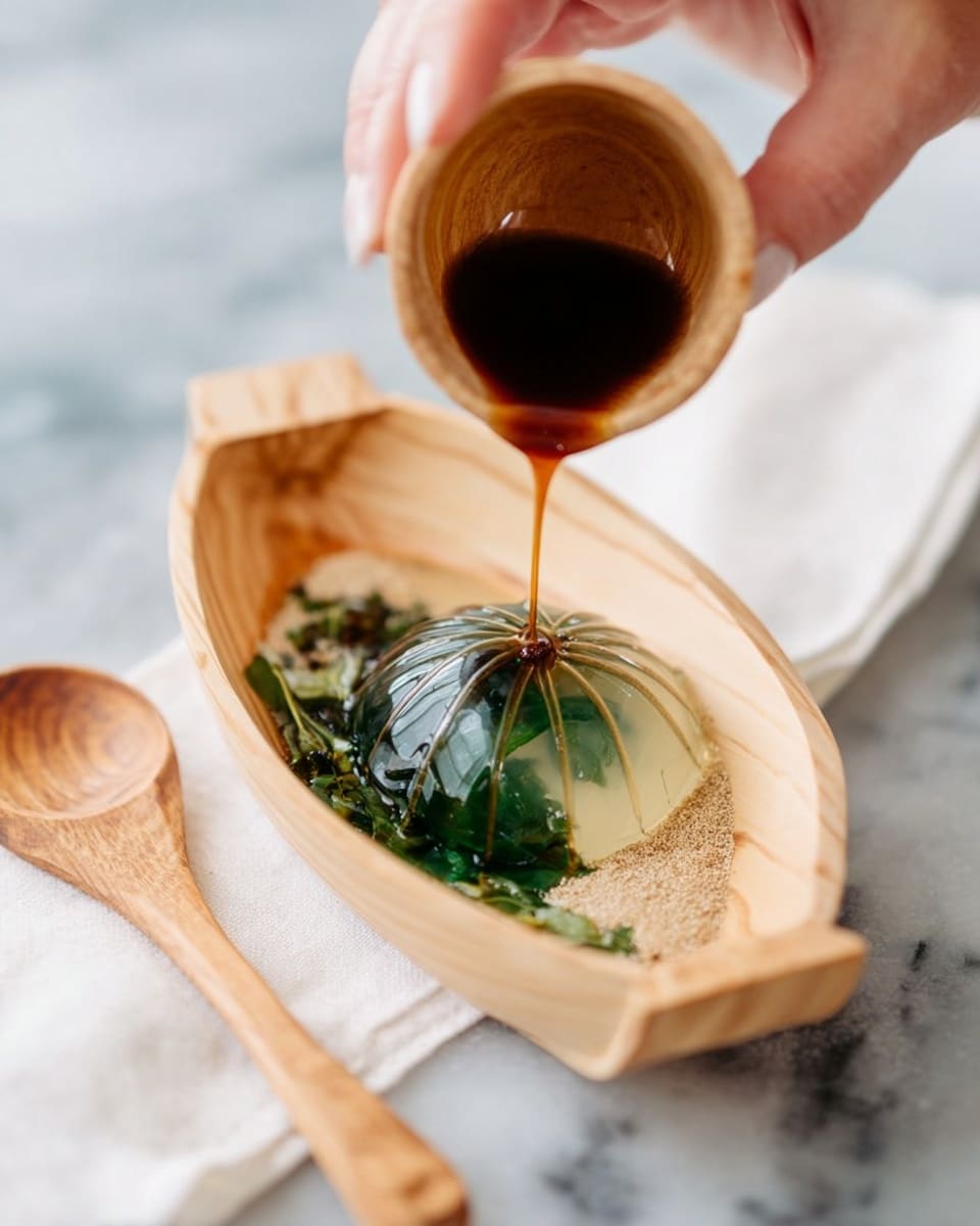A small wooden boat-shaped bowl holds a clear, round jelly dessert that has a leaf inside it as the main layer, resting on a bed of dark green leafy herbs. On one side of the jelly is a light brown powder, and a dark brown syrup is being poured over the jelly from a small wooden cup held by a woman's hand above the bowl. The scene is set on a white marbled texture with a wooden spoon and a white cloth nearby, adding a natural and simple touch. photo taken with an iphone --ar 4:5 --v 7