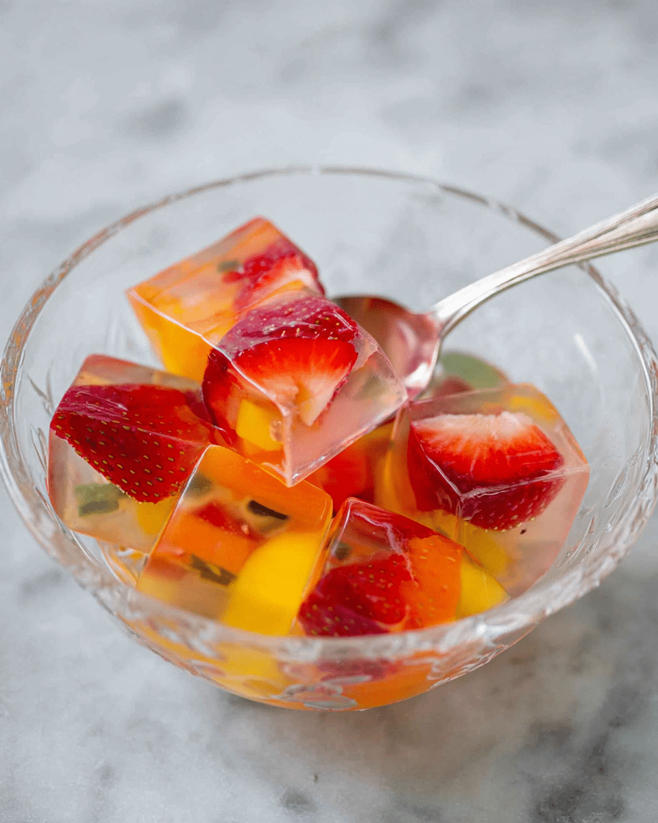 The image shows a clear glass bowl filled with several translucent gelatin cubes, each containing bright pieces of fruit like red strawberries, orange mango, and small dark seeds, all suspended inside. The gelatin layers appear smooth and shiny, holding the colorful fruit pieces evenly throughout. A silver spoon rests inside the bowl slightly above the cubes, and the bowl is placed on a white marbled texture. photo taken with an iphone --ar 4:5 --v 7