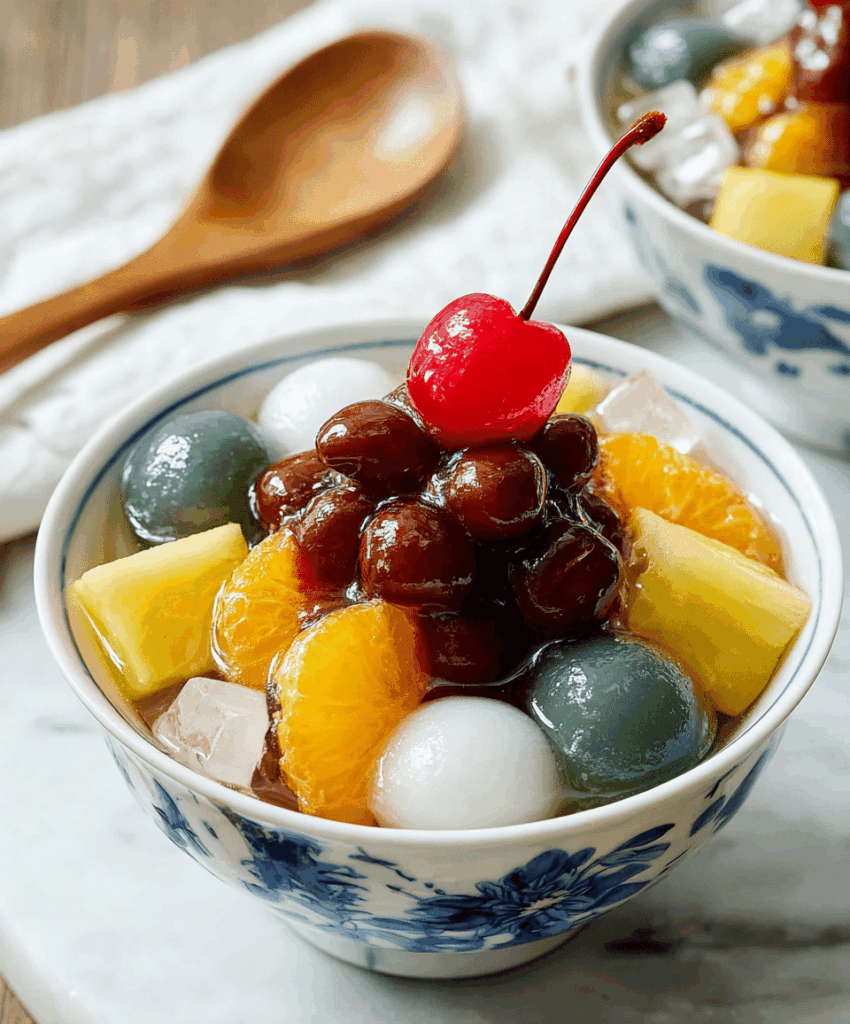 Anmitsu: Japanese Fruit Dessert with Kanten Jelly, Shiratama Dango, Azuki Beans, and Kuromitsu Syrup Recipe
