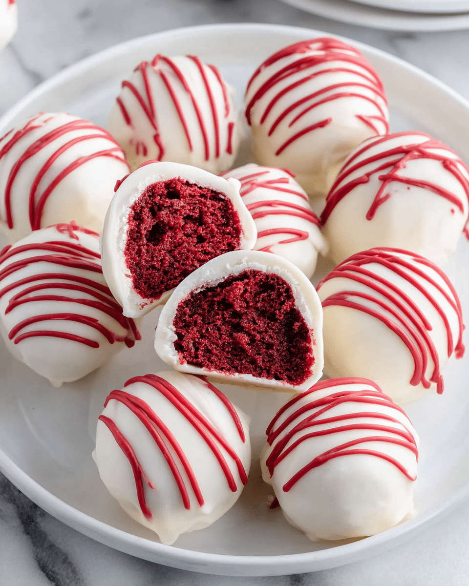 A white plate holds eight round cake balls, each coated in smooth white chocolate. Bright red drizzle lines cross the top of each cake ball, adding a textured twist on the smooth white shell. Two cake balls are cut in half, showing the inside with a deep red, moist cake layer that looks soft and dense. The cake balls are arranged close together on a white marbled surface, giving a clean and bright look. The photo taken with an iphone --ar 4:5 --v 7
