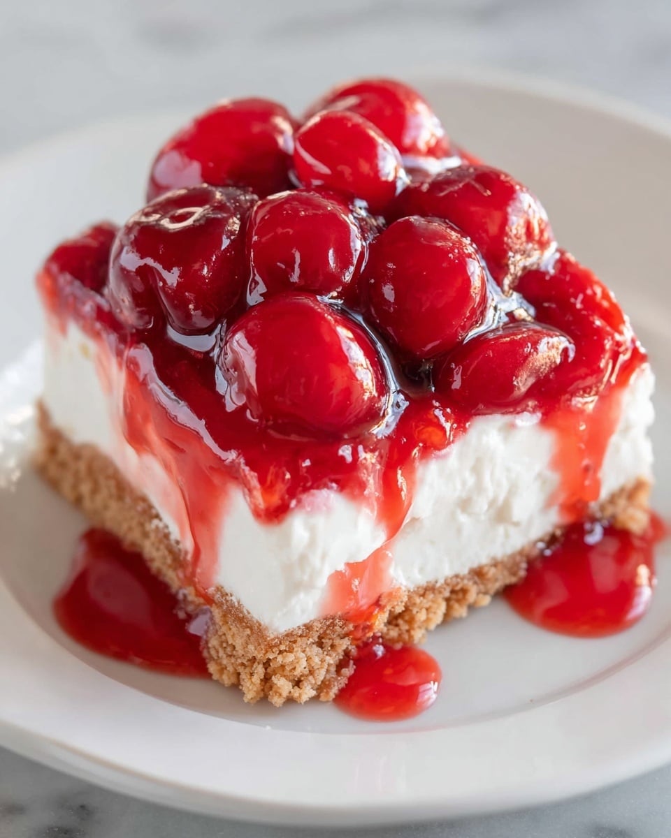A close-up of a square cherry dessert with three visible layers: the bottom layer is a light brown crumbly crust, the middle layer is thick and white with a smooth creamy texture, and the top layer is a glossy bright red cherry topping with whole cherries covered in thick syrup, some syrup dripping onto the white plate below, all placed on a white marbled surface. photo taken with an iphone --ar 4:5 --v 7