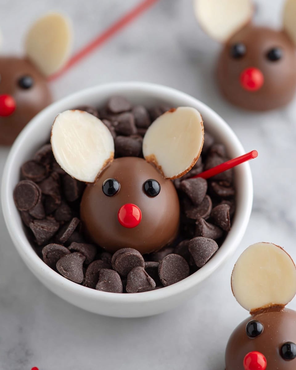 The image shows a small mouse-shaped treat placed in a white bowl filled with many small dark brown chocolate chips. The treat has two round body parts covered in smooth milk chocolate; the front smaller part is the head, decorated with two small shiny black eyes and a bright red round nose. The back larger part is the body, with two almond slices sticking out as ears, showing their white inside and brown edges. A thin red stick acts as the tail, extending from the back of the body. The bowl sits on a white marbled surface, with parts of two more similar mouse treats visible at the top and bottom edges of the image. photo taken with an iphone --ar 4:5 --v 7