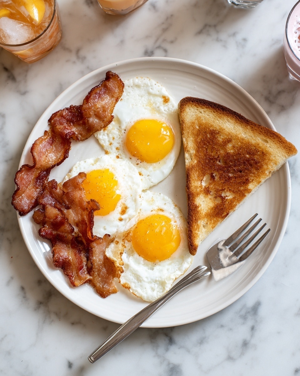 A white plate holds a breakfast consisting of three main parts: two cloud eggs with bright yellow yolks sitting on fluffy, slightly browned egg whites shaped like small nests, two pieces of crispy, browned bacon placed next to the eggs, and a single triangular piece of golden brown toast positioned below the eggs and bacon. To the right side of the plate is a silver fork. The background is a white marbled surface with parts of other plates and drinks visible around the edges. Photo taken with an iphone --ar 4:5 --v 7