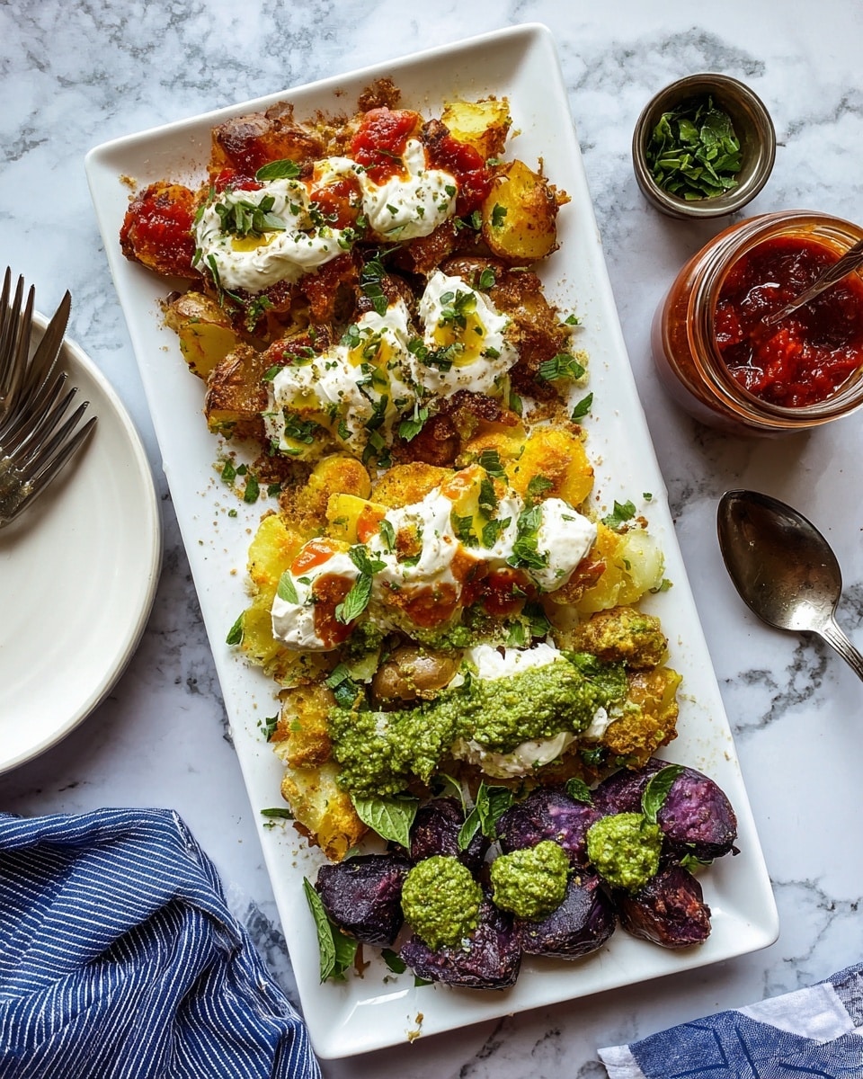 A white rectangular plate holds a colorful dish made up of three layers of smashed potatoes. The top layer features red-skinned potatoes with a golden, crispy texture, dotted with white creamy sauce and bright red chili sauce, garnished with green herbs and fresh mint leaves. The middle layer shows golden-yellow potatoes with a crunchy texture, topped with white sauce and green pesto dollops, sprinkled with fresh chopped herbs. The bottom layer consists of deep purple potatoes, slightly crispy, adorned with dollops of white sauce and green pesto, garnished with fresh mint leaves and chopped herbs. The plate is set on a white marbled surface with a small glass jar of red sauce and a spoon on the right, and some cutlery on a white plate to the left, along with a blue and white striped cloth at the bottom right corner. Photo taken with an iphone --ar 4:5 --v 7