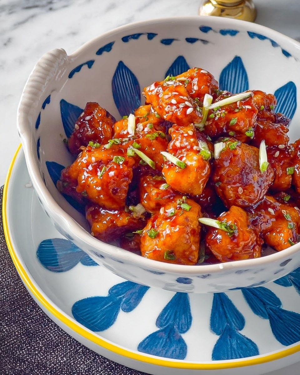 A close-up view of bite-sized pieces of orange glazed chicken coated with a shiny sauce and sprinkled with small green herb pieces, served on a white bowl with a blue petal-like pattern and thin yellow rim; the bowl is placed on a matching white tray with the blue petal pattern and yellow rim, all set on a white marbled surface with a dark textured cloth beside it. photo taken with an iphone --ar 4:5 --v 7