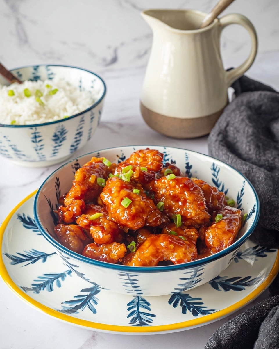 The image shows a white bowl with blue leaf-like patterns around the inside edge, filled with a dish of golden-brown fried chicken pieces coated in a shiny, sticky, orange-red sauce. The chicken pieces are scattered with small green chopped scallions, adding a fresh herb touch. The bowl sits on a matching white plate with similar blue leaf designs and a yellow rim. Behind the main bowl, there is another bowl with white rice, also white with blue and yellow designs, and a small beige ceramic pitcher next to a white ceramic mug, all placed on a white marbled surface. A dark gray cloth is partially visible near the bowl. photo taken with an iphone --ar 4:5 --v 7