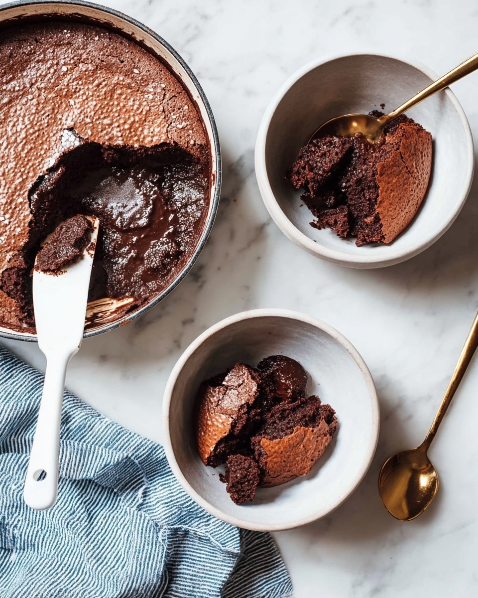 The image shows a dark chocolate dessert with two layers inside a pan and two servings in white bowls. The dessert has a thin, cracked, dry top layer of light brown color, beneath which is a moist, dense, dark brown chocolate layer. Each bowl contains a broken portion showing the contrast between the crispy top and the gooey inside, with a gold spoon resting inside. The pan has a white spatula scooping some of the dark chocolate dessert, showing the thick, soft texture underneath the cracked surface. The background is a white marbled texture, with a blue and white striped cloth on the side. Photo taken with an iphone --ar 4:5 --v 7