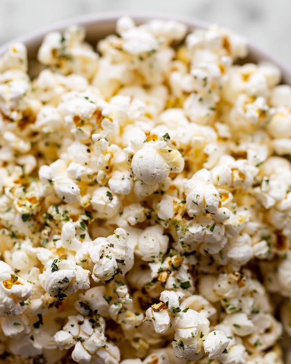 A close-up view of a bowl filled with freshly popped popcorn, each piece fluffy and white with some light golden brown spots from popping. The popcorn is sprinkled evenly with small green herb flakes and tiny black pepper bits, giving a textured look. The kernels show a mix of rounded and irregular shapes, creating a layered, uneven surface, with a few pieces showing a slightly toasted edge. The background is a white marbled texture, softly blurred to keep focus on the detailed popcorn. photo taken with an iphone --ar 4:5 --v 7