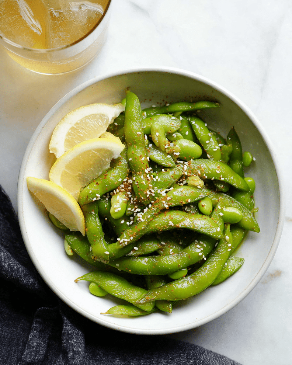 A white bowl filled with bright green edamame pods sprinkled with small white sesame seeds and finely chopped garlic, with a light dusting of red chili powder on top. On the left side inside the bowl are two lemon wedges. The bowl sits on a white marbled surface with a glass of iced lemon tea nearby. A piece of dark fabric is partially visible at the bottom of the image. photo taken with an iphone --ar 4:5 --v 7