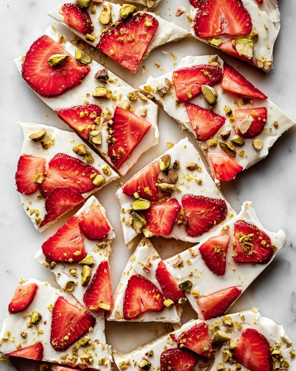 The image shows a scattered arrangement of broken white frozen yogurt bark pieces topped with bright red strawberry slices and sprinkled with crushed green pistachio nuts. Each piece has one thin, smooth white yogurt layer as the base, with sliced strawberries placed on the top surface and small nut pieces spread evenly over the fruit and yogurt. The pieces lay on a white marbled sheet with a slightly rough texture beneath, giving a fresh and clean look to the scene. photo taken with an iphone --ar 4:5 --v 7
