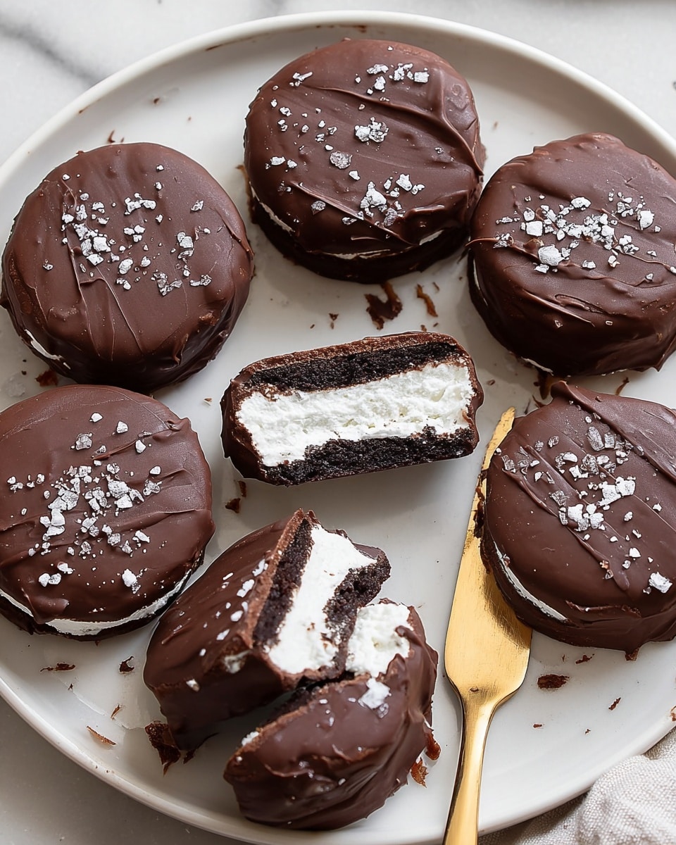 The image shows a white plate with eight round chocolate-coated ice cream sandwiches sprinkled with coarse sea salt on top. One sandwich is cut in half in the center, revealing three layers inside: a dark chocolate cookie base, a thick layer of white creamy vanilla ice cream, and a smooth dark chocolate coating surrounding the outside. The chocolate coating has a textured, slightly wavy surface. A shiny gold knife rests on the plate near the top right side, touching one of the sandwiches. The plate is on a white marbled surface. photo taken with an iphone --ar 4:5 --v 7