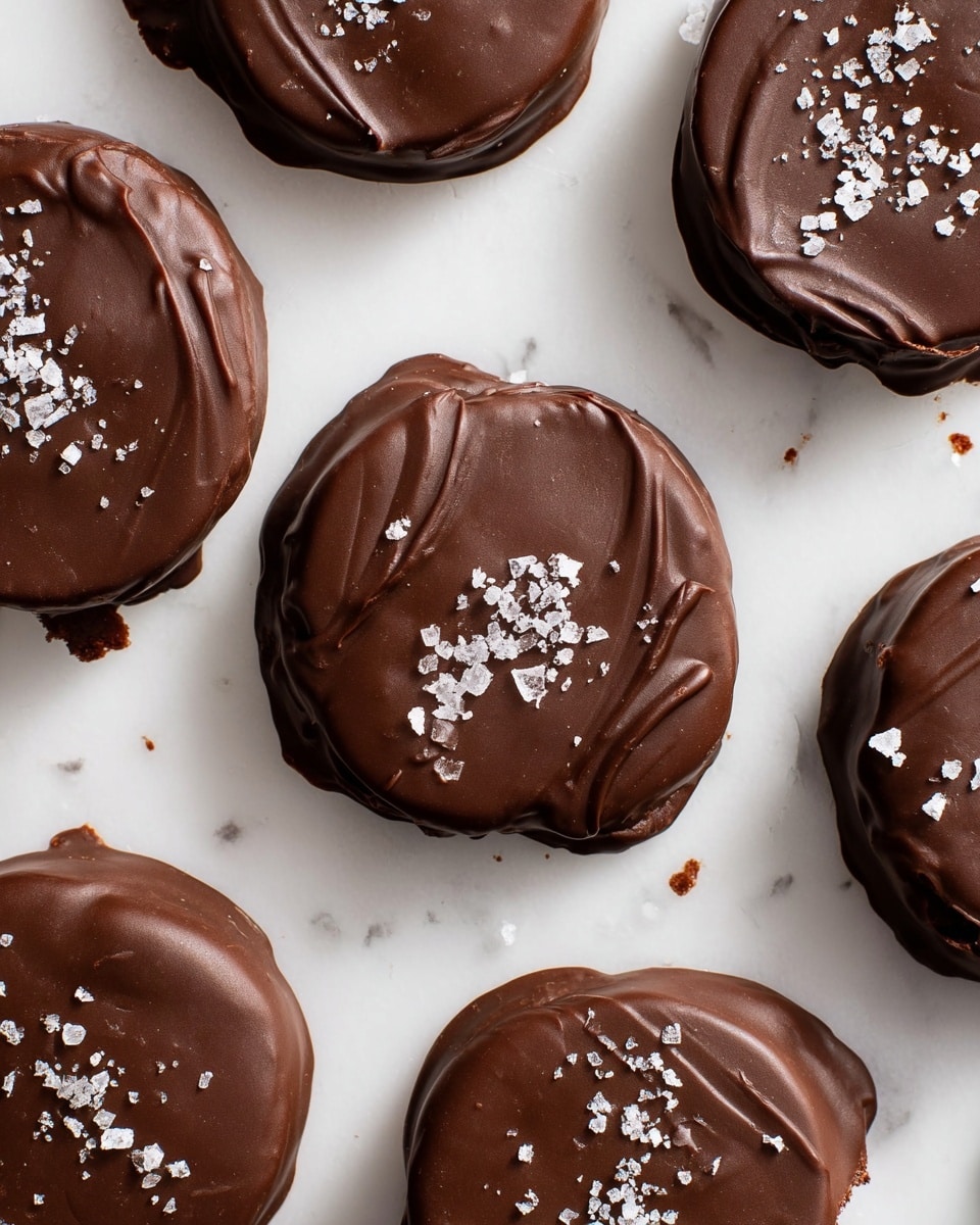 The image shows several round chocolate-covered treats arranged on a white marbled surface. Each treat has a smooth, glossy dark brown chocolate coating with some natural swirls and waves, topped with scattered white flaky sea salt crystals. The chocolate coating looks thick and slightly uneven, giving a rich texture to the surface. Some treats have small chips or bites taken out, revealing a solid interior. The treats are spaced apart, making each one clearly visible. photo taken with an iphone --ar 4:5 --v 7