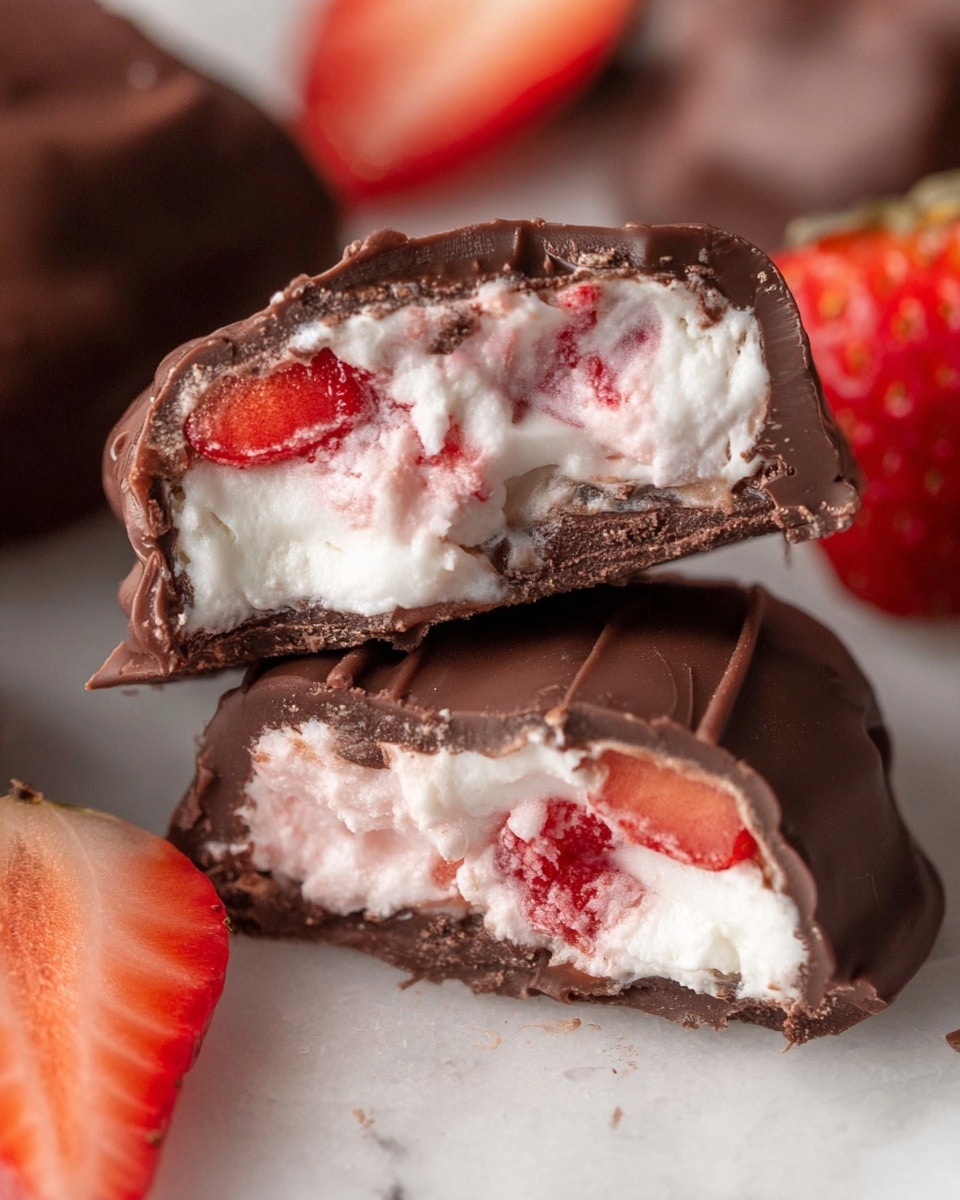 The image shows a close-up of a chocolate-covered treat cut in half, revealing three main layers. The outer layer is smooth dark brown chocolate with a slightly glossy finish. Inside, the middle layer is white and fluffy cream mixed with pieces of red strawberries, giving a pink and white marbled look. The bottom layer is thin chocolate. The treat is placed on a white marbled surface, with some fresh strawberry slices scattered around. photo taken with an iphone --ar 4:5 --v 7
