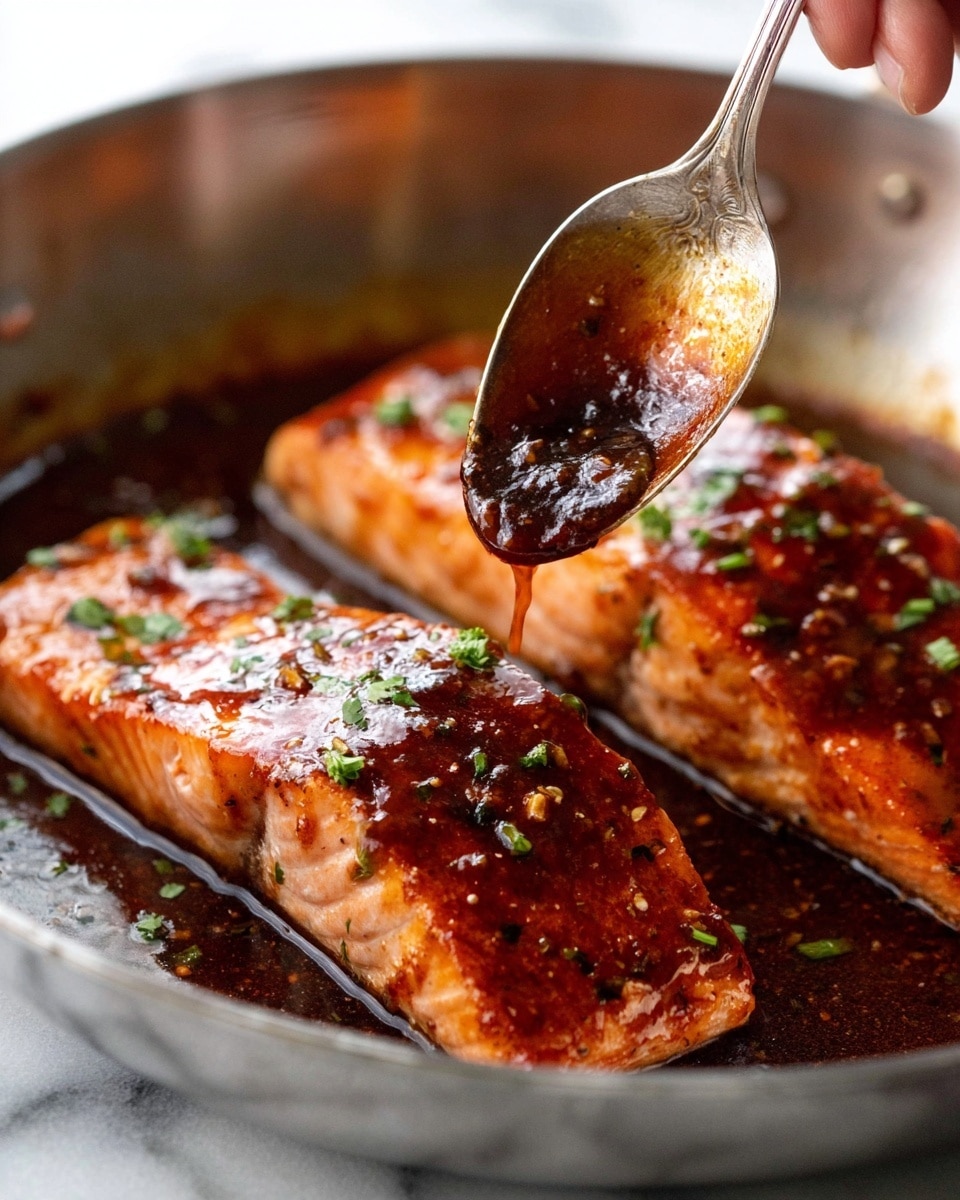 A close-up view of two cooked salmon fillets in a silver pan, each covered with a shiny, thick dark brown sauce with a sticky texture. The top fillet is being spooned over with extra sauce by a woman's hand holding a silver spoon. The salmon has a rich reddish-orange color with small green herb pieces sprinkled over it. The sauce in the pan reflects light, creating a glossy look. The background is a white marbled texture. Photo taken with an iphone --ar 4:5 --v 7