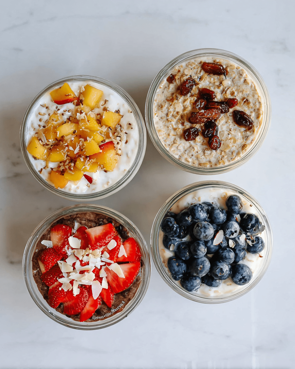 Four small white glass bowls sit on a white marbled surface, each filled with different layered desserts or breakfasts. The top left bowl has a white creamy base topped with chopped yellow and orange peach pieces and a sprinkle of white coconut flakes. The top right bowl contains a creamy oatmeal mix with visible grains and several dark brown raisins on top. The bottom left bowl has a dark brown base, likely chocolate or oatmeal, topped with sliced red strawberries, white almond slices, and a dusting of shredded coconut. The bottom right bowl features a white creamy base covered with fresh plump blueberries, some of which have a light sprinkle of coconut flakes. Photo taken with an iphone --ar 4:5 --v 7