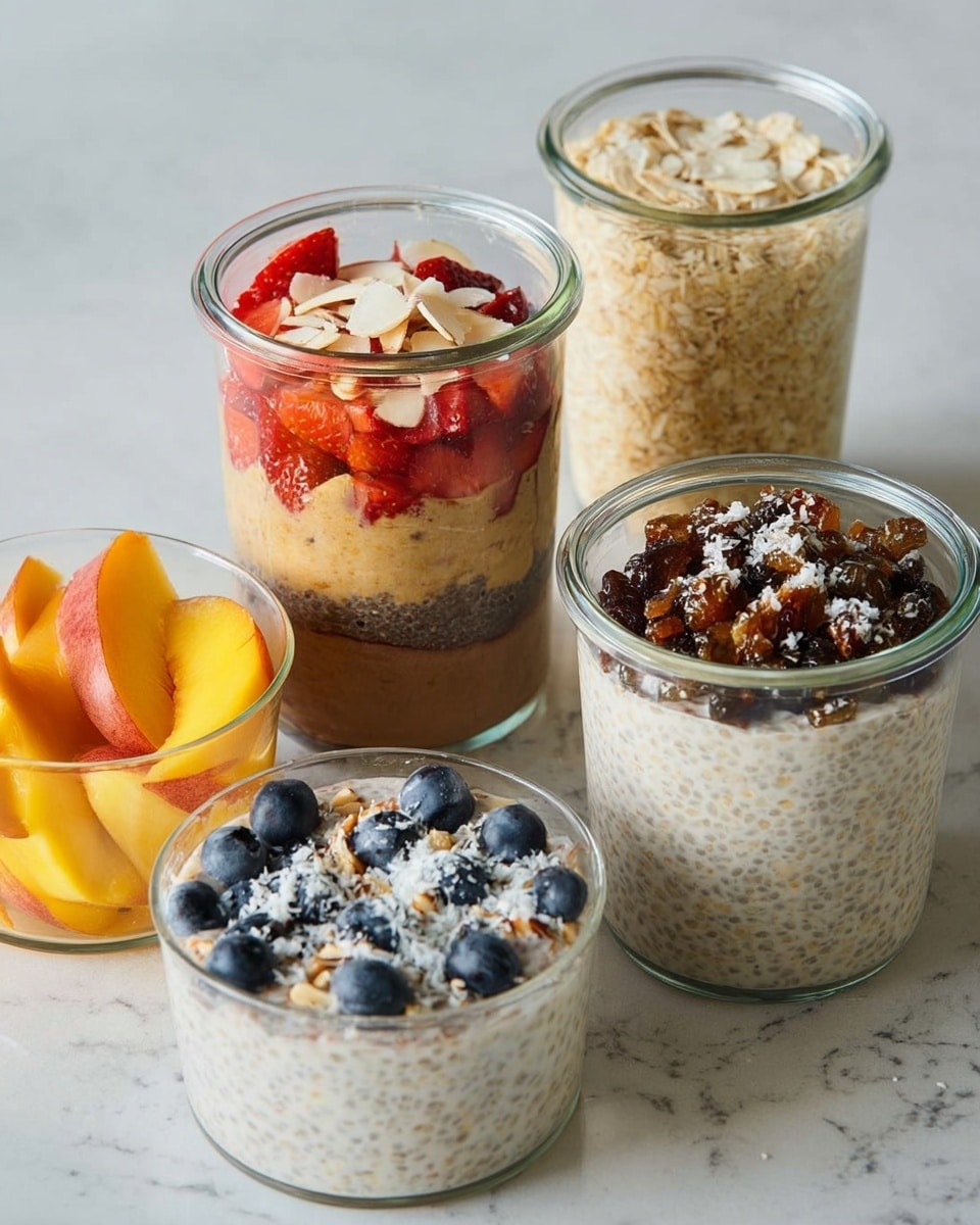 There are five clear glass containers filled with layered breakfast dishes placed on a white marbled surface. The center glass has three layers: a bottom thick brown layer, a middle layer of red sliced strawberries topped with sliced almonds and shredded white flakes, likely coconut. To its right, another glass shows a creamy beige base mixed with chia seeds and topped with dark raisins. In front of that is a wider glass bowl filled with a creamy mixture covered with many fresh blueberries and some white flakes sprinkled on top. At the front left, a glass bowl has a smooth white base topped with cut yellow peaches and sprinkled with white flakes. Behind all these is a smaller jar filled with a light tan shredded topping. The overall look is fresh, colorful, and layered in clear glass containers, with different textures from creamy to chunky fruit. photo taken with an iphone --ar 4:5 --v 7