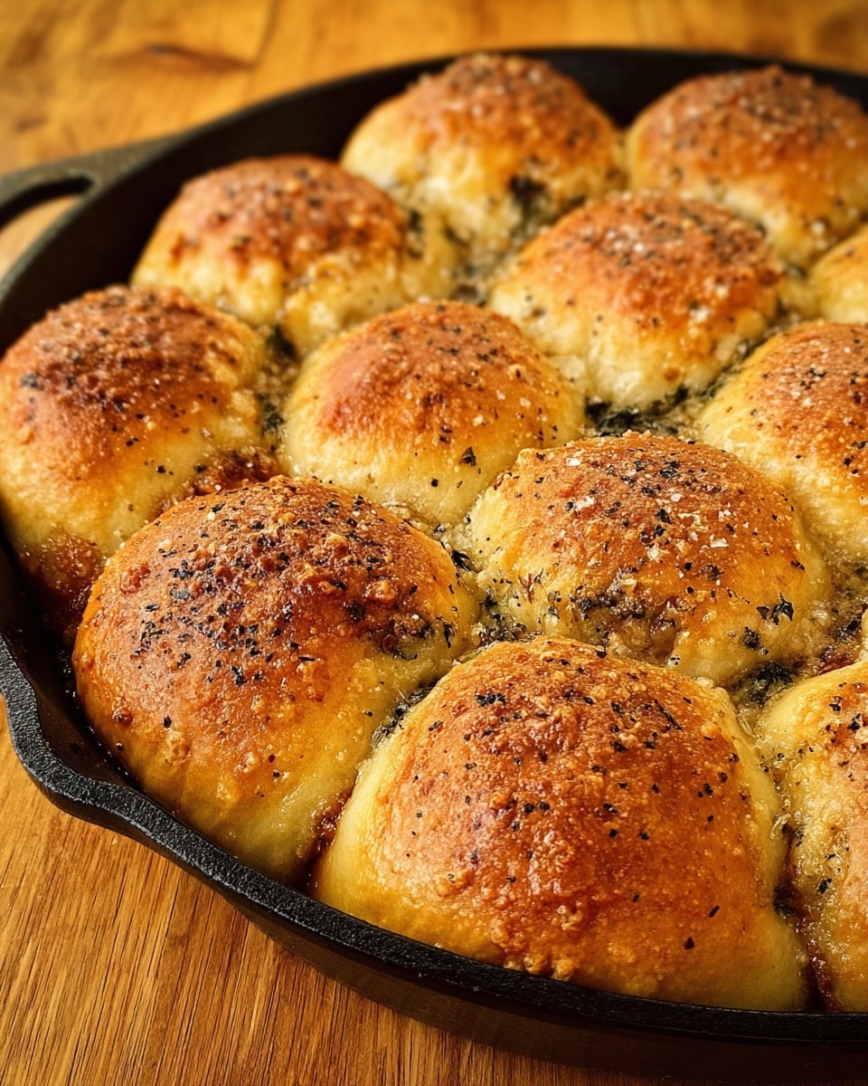 A close-up view of a round black cast iron pan filled with 16 golden brown soft bread rolls arranged in tight rows. The rolls have a fluffy texture with lightly browned tops sprinkled with black pepper and herbs. Some rolls show dark green and brown spots of melted filling peeking out from the crust. The pan rests on a wooden surface. photo taken with an iphone --ar 4:5 --v 7