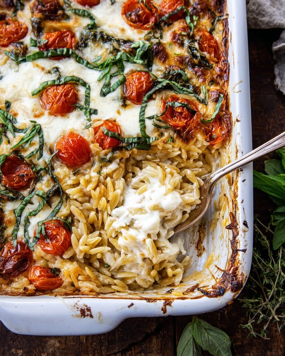 The image shows a white baking dish with a cheesy pasta bake partly scooped out using a silver spoon, revealing the layers inside. The bottom layer is made of orzo pasta, golden brown in color, mixed with small roasted cherry tomatoes that are red and slightly wrinkled. Above the pasta is a thick layer of melted cheese, creamy white with browned golden spots, topped with shredded green basil leaves scattered all over. The edges of the dish have some crispy browned bits, and the baking dish is placed on a dark wooden surface with some green herbs nearby. Photo taken with an iphone --ar 4:5 --v 7
