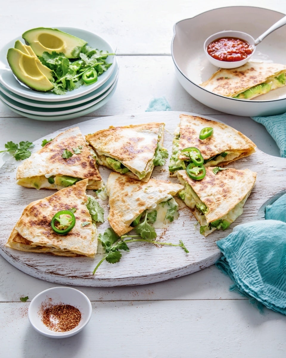 The image shows six triangular quesadilla slices arranged on a white wooden cutting board, each slice revealing layers including a golden-brown grilled tortilla on top, light melted cheese, slices of bright green avocado, and fresh cilantro leaves. Some quesadilla slices are garnished with thin, light green jalapeño slices and sprinkled seasoning. To the back left, there is a small stack of white plates with a bowl on top filled with avocado halves and cilantro leaves. Centrally placed behind the board is a white bowl with red salsa and a spoon inside. To the right, a white frying pan holds one folded quesadilla sliced in half with avocado visible inside, resting on a white marbled surface with a folded blue cloth napkin next to it. There is also a small white dish with reddish seasoning near the pan. The overall setting is bright and clean. photo taken with an iphone --ar 4:5 --v 7