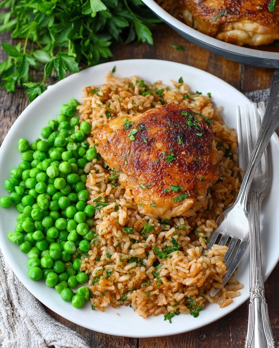 A white plate holds a serving of three layers: a base layer of brownish-red cooked rice with visible grains and some green herbs mixed in, placed on the left side and center, topped by a crispy, golden-brown cooked chicken thigh with bits of green herbs sprinkled over it sitting on the rice near the center bottom, and a pile of bright green peas on the right side. A silver fork and knife rest on the right edge of the plate, with the fork touching the rice. The dish is set on a wooden surface with some green parsley nearby. photo taken with an iphone --ar 4:5 --v 7