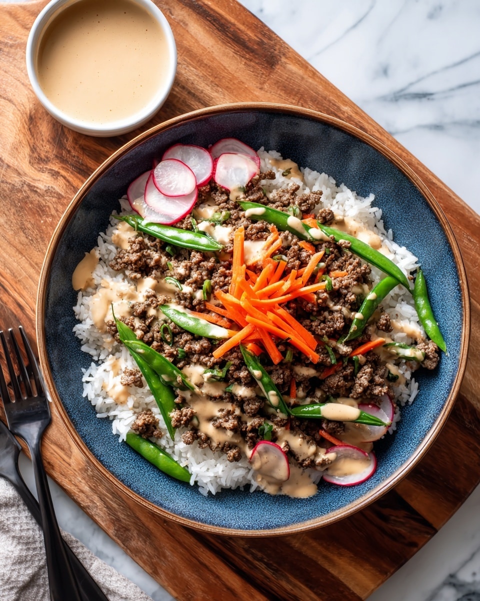 A blue bowl filled with one base layer of white rice, topped with a scattered layer of cooked ground beef in brown color. On top, bright green snap peas and thinly sliced red and white radishes are placed around the bowl. In the center lies a small pile of thin orange carrot sticks. Drizzled lightly over the dish is a creamy beige sauce, adding contrast to the colors. The bowl sits on a wooden cutting board with a small white bowl of sauce on the left side and a black fork on the right. The background is a white marbled texture. photo taken with an iphone --ar 4:5 --v 7