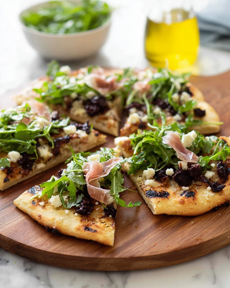 The image shows four flatbread slices arranged closely on a round wooden board, each slice with a golden-brown crust that has slight grilled marks. The base layer is a light toasted flatbread, topped with dark chunks of what looks like cooked caramelized onions or olives, scattered with small pieces of white cheese. Fresh bright green arugula leaves are spread generously over the top, mixed with thin slices of pale pink prosciutto. The flatbread slices have varied textures from soft, crispy, leafy, and crumbly toppings. The background features a soft focus of a white bowl with green leaves and a glass bottle of golden olive oil, all set on a white marbled surface. photo taken with an iphone --ar 4:5 --v 7