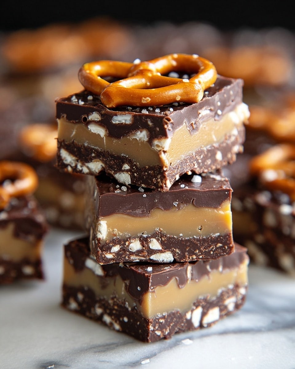 The image shows a stack of four thick square bars on a white marbled surface. Each bar has three layers: the top and bottom layers are dark brown chocolate with small pieces of light-colored pretzels embedded in them, creating a rough texture. The middle layer is a creamy tan caramel that looks slightly soft and gooey, peeking out unevenly around the edges. On top of the stack is a whole shiny pretzel in a light golden brown color with a sprinkling of coarse salt. In the blurry background, more bars and pretzels appear on the same white marbled surface. Photo taken with an iphone --ar 4:5 --v 7