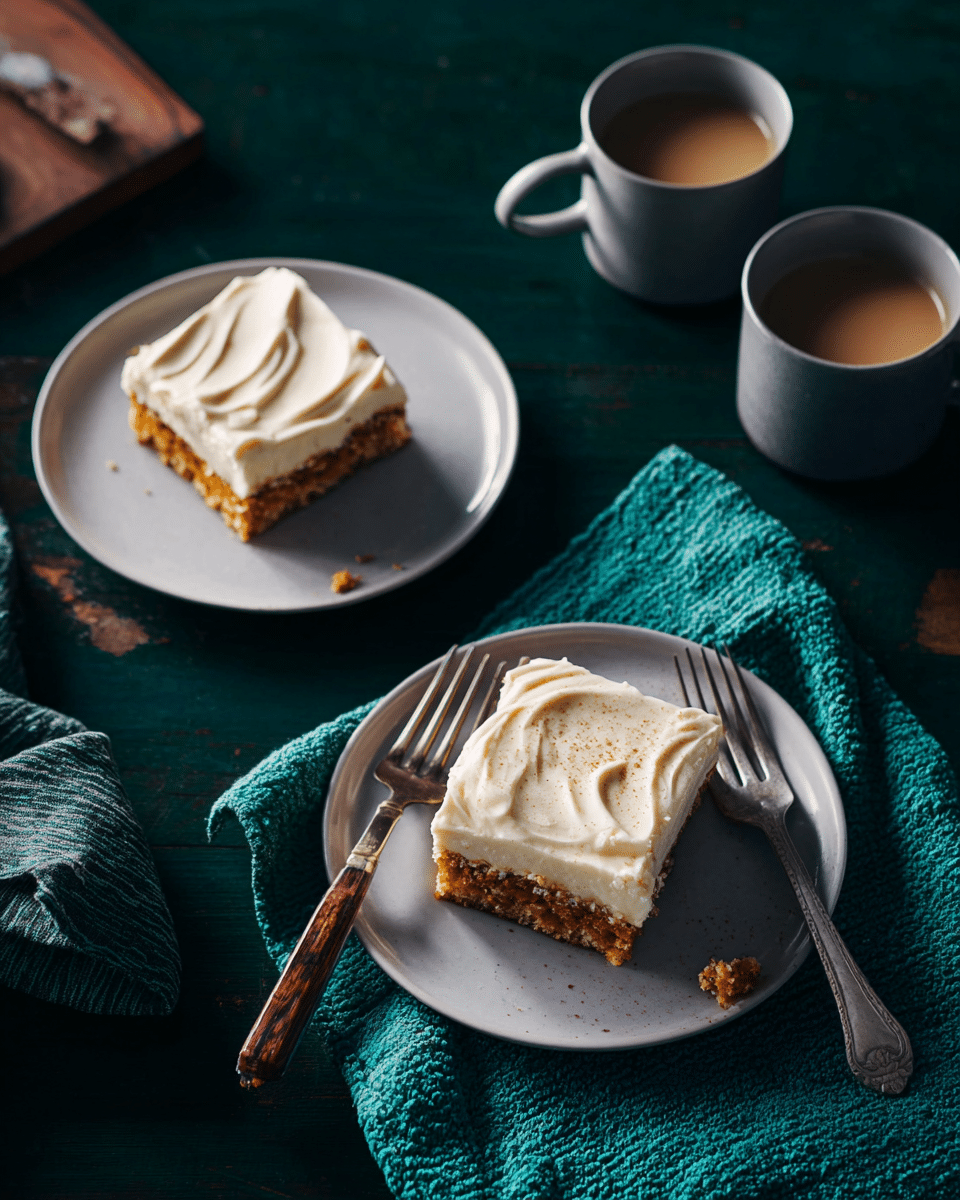 Two square pieces of cake with a thick layer of creamy, off-white frosting with light brown specks on top are placed on two white plates. The cake layers beneath the frosting are golden brown with a crumbly texture. Each plate has a silver fork resting on it, one fork has a patterned handle and the other a darker wooden handle. There are some small crumbs beside the cake pieces. Two cups of light brown coffee in gray mugs are positioned near the plates. The setting is on a dark green wooden table partly covered by dark teal textured cloths. photo taken with an iphone --ar 4:5 --v 7