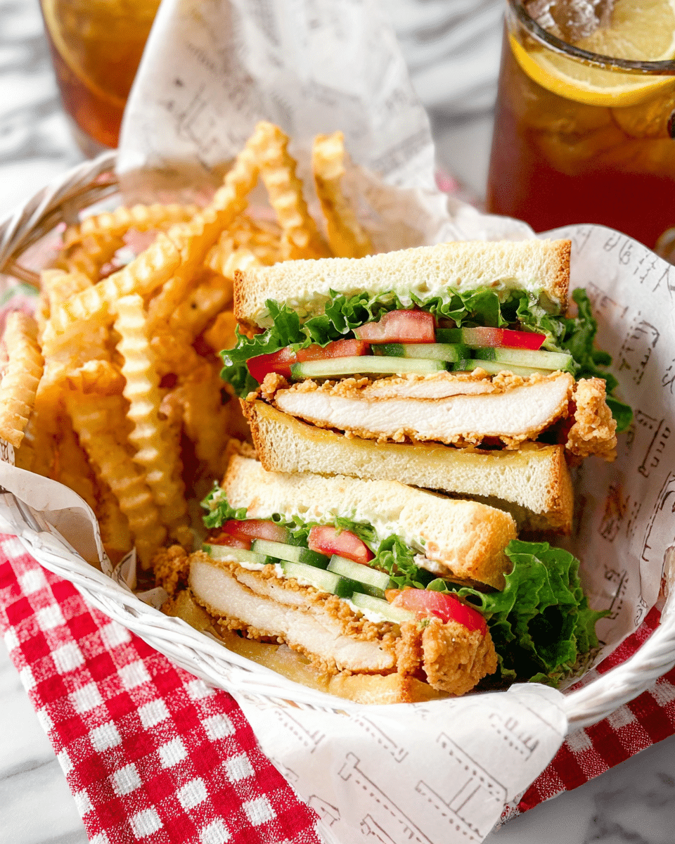 A close-up view of a white basket lined with printed paper holding a chicken sandwich cut in half and stacked. The sandwich has three layers: the top and bottom layers of soft white bread, the middle layer showing a thick, crispy golden-brown fried chicken breast, topped with fresh green lettuce, thin slices of cucumber, melted cheese, and diced red tomatoes. Next to the sandwich, inside the basket, are golden, crispy french fries, slightly curly and thick. The basket sits on a red and white checkered cloth over a white marbled surface. A glass mug with iced tea and a lemon wedge can be seen in the background. Photo taken with an iphone --ar 4:5 --v 7